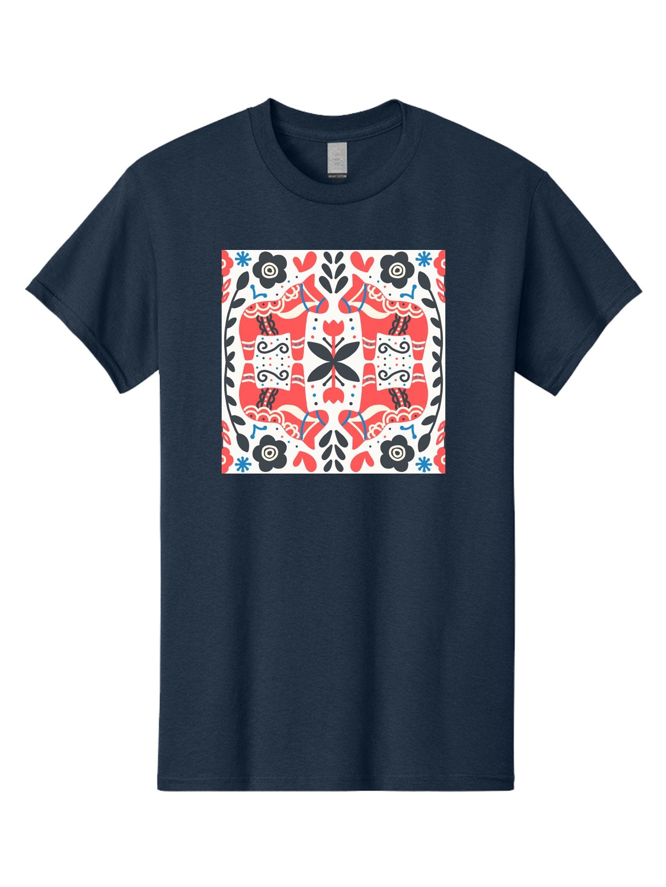 Floral-Pattern-1 Men'S Graphic Tee, 100% Cotton, Comfortable Casual Summer Wear, Machine Washable, Symmetrical Floral Design, Folk Art Style, Red And Black Flowers, Ornate Details, Blue Accents, Traditional Motifs, Decorative Elements, Aab702 13