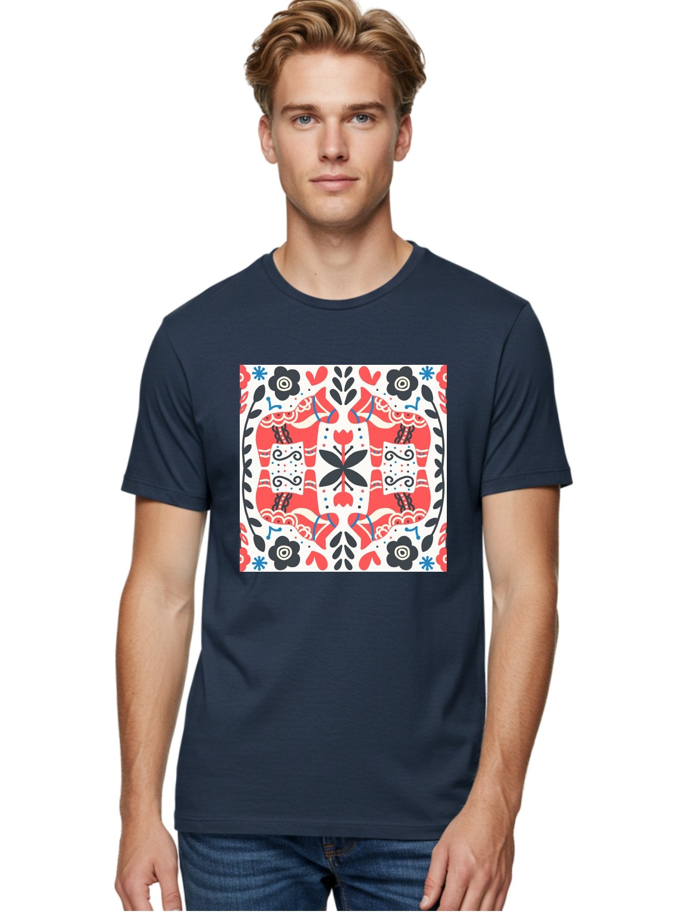 Floral-Pattern-1 Men'S Graphic Tee, 100% Cotton, Comfortable Casual Summer Wear, Machine Washable, Symmetrical Floral Design, Folk Art Style, Red And Black Flowers, Ornate Details, Blue Accents, Traditional Motifs, Decorative Elements, Aab702 20