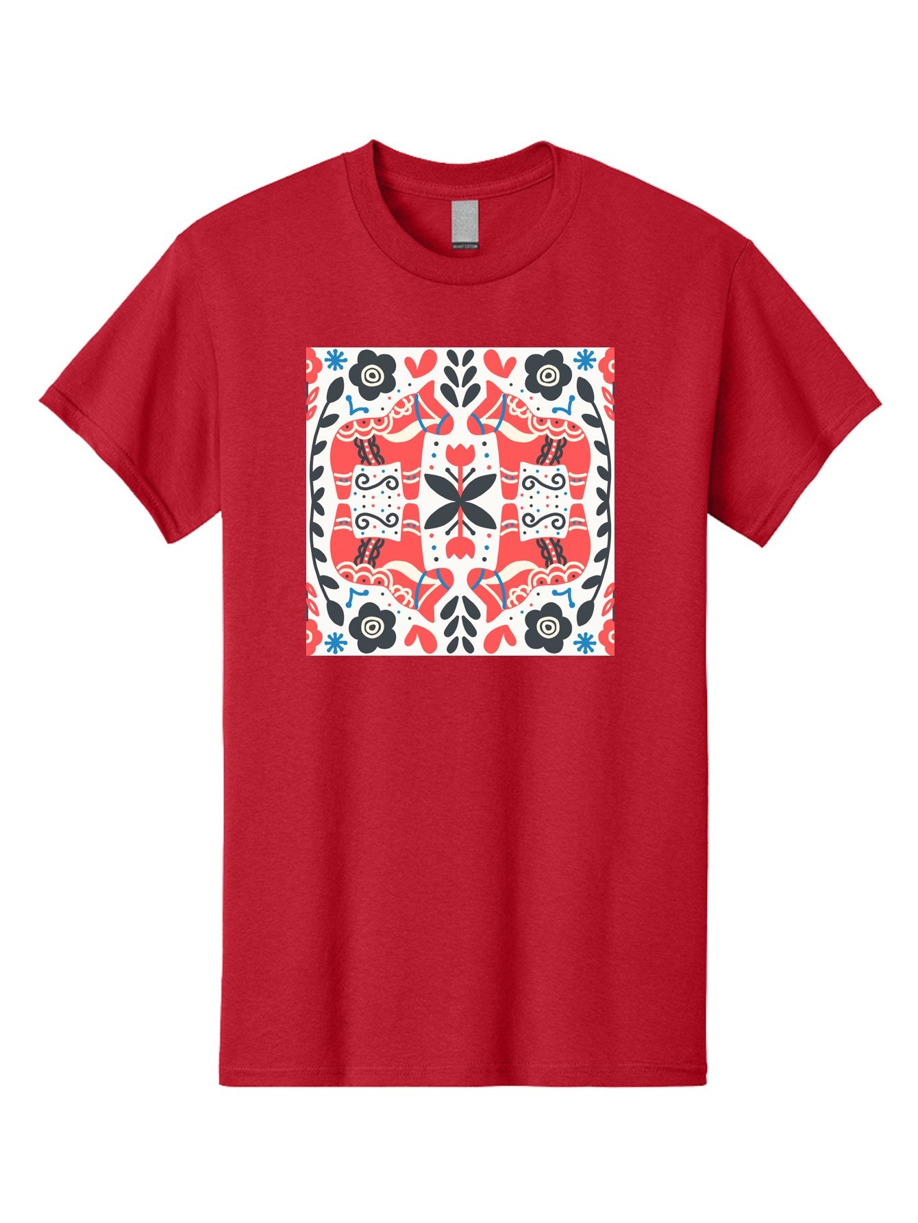 Floral-Pattern-1 Men'S Graphic Tee, 100% Cotton, Comfortable Casual Summer Wear, Machine Washable, Symmetrical Floral Design, Folk Art Style, Red And Black Flowers, Ornate Details, Blue Accents, Traditional Motifs, Decorative Elements, Aab702