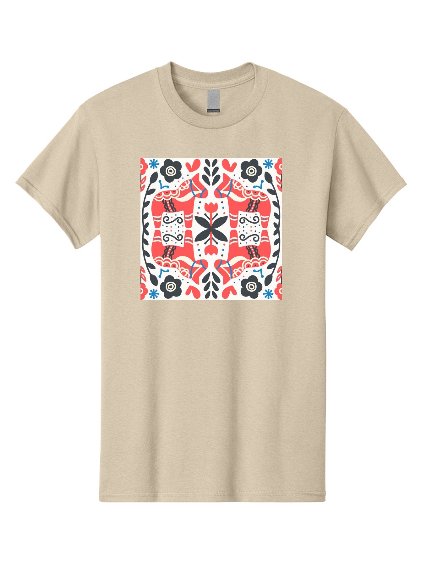 Floral-Pattern-1 Men'S Graphic Tee, 100% Cotton, Comfortable Casual Summer Wear, Machine Washable, Symmetrical Floral Design, Folk Art Style, Red And Black Flowers, Ornate Details, Blue Accents, Traditional Motifs, Decorative Elements, Aab702