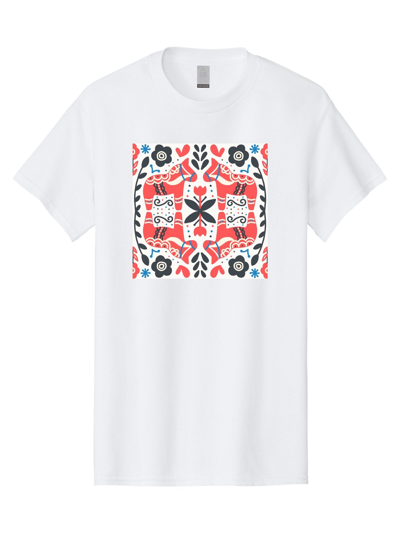 Floral-Pattern-1 Men'S Graphic Tee, 100% Cotton, Comfortable Casual Summer Wear, Machine Washable, Symmetrical Floral Design, Folk Art Style, Red And Black Flowers, Ornate Details, Blue Accents, Traditional Motifs, Decorative Elements, Aab702 9