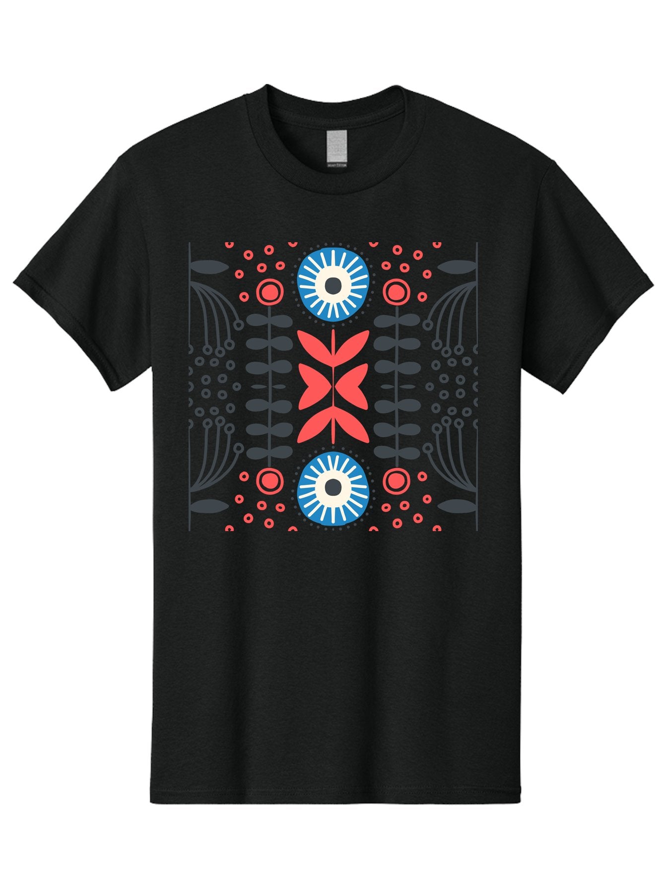 Floral-Pattern-10 Men'S Graphic Tee, 100% Cotton, Comfortable Casual Summer Wear, Machine Washable, Floral Pattern, Stylized Flowers, Symmetrical Design, Blue And Pink Flowers, Black Leaves, Geometric Shapes, Abstract Art, Vibrant Colors, Aab703 8