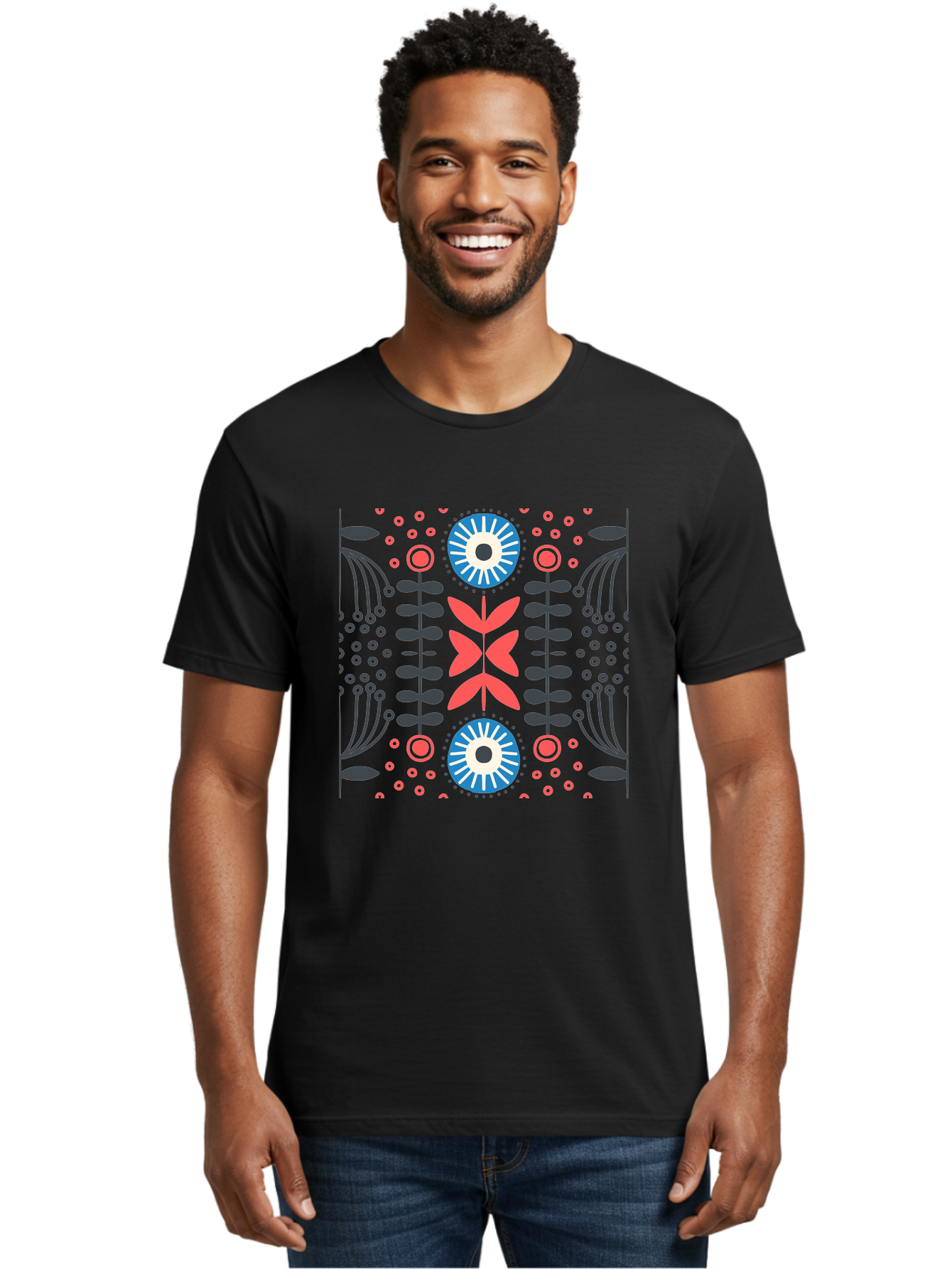 Floral-Pattern-10 Men'S Graphic Tee, 100% Cotton, Comfortable Casual Summer Wear, Machine Washable, Floral Pattern, Stylized Flowers, Symmetrical Design, Blue And Pink Flowers, Black Leaves, Geometric Shapes, Abstract Art, Vibrant Colors, Aab703 12