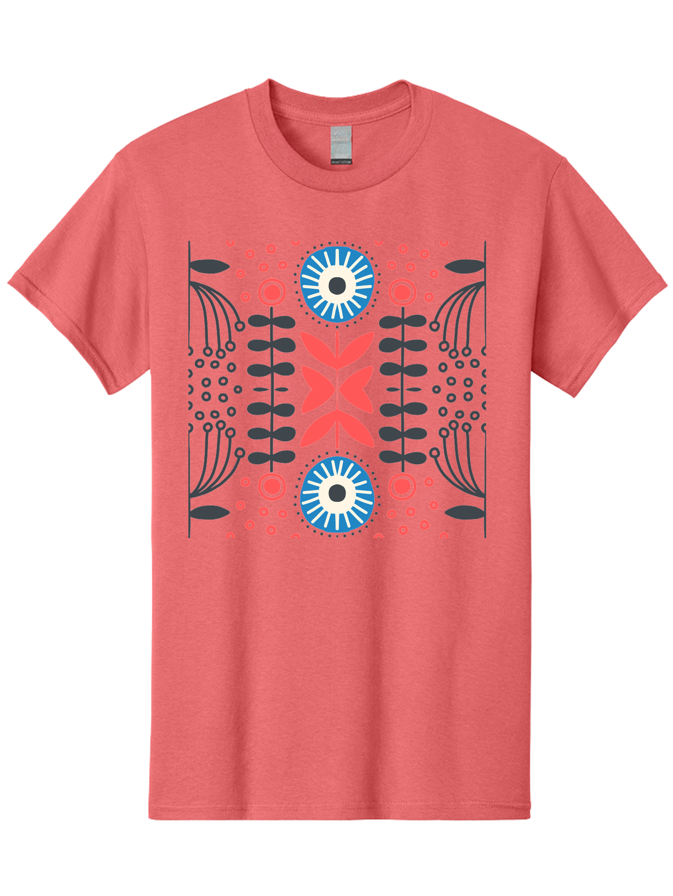 Floral-Pattern-10 Men'S Graphic Tee, 100% Cotton, Comfortable Casual Summer Wear, Machine Washable, Floral Pattern, Stylized Flowers, Symmetrical Design, Blue And Pink Flowers, Black Leaves, Geometric Shapes, Abstract Art, Vibrant Colors, Aab703 27