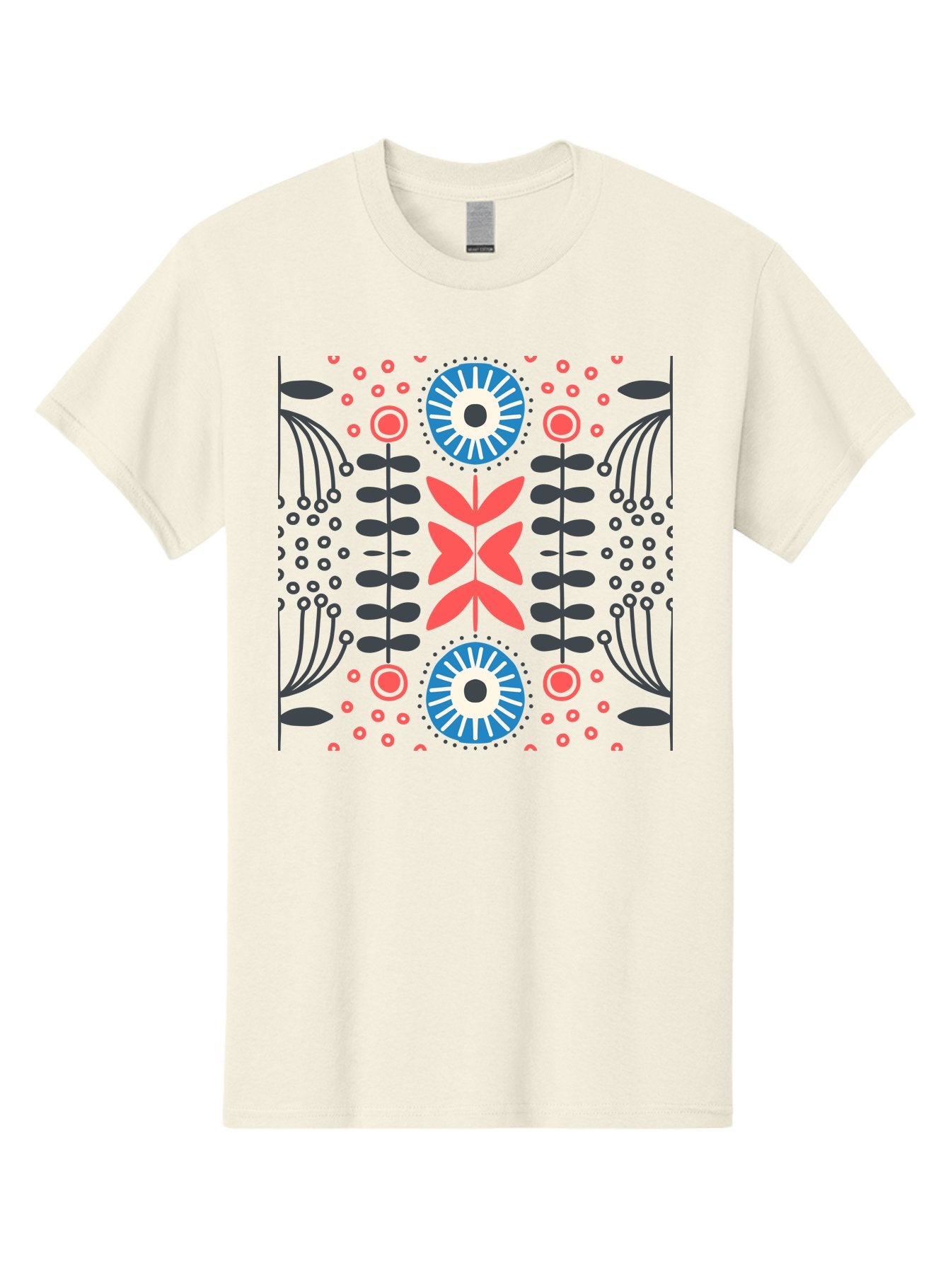 Floral-Pattern-10 Men'S Graphic Tee, 100% Cotton, Comfortable Casual Summer Wear, Machine Washable, Floral Pattern, Stylized Flowers, Symmetrical Design, Blue And Pink Flowers, Black Leaves, Geometric Shapes, Abstract Art, Vibrant Colors, Aab703 13