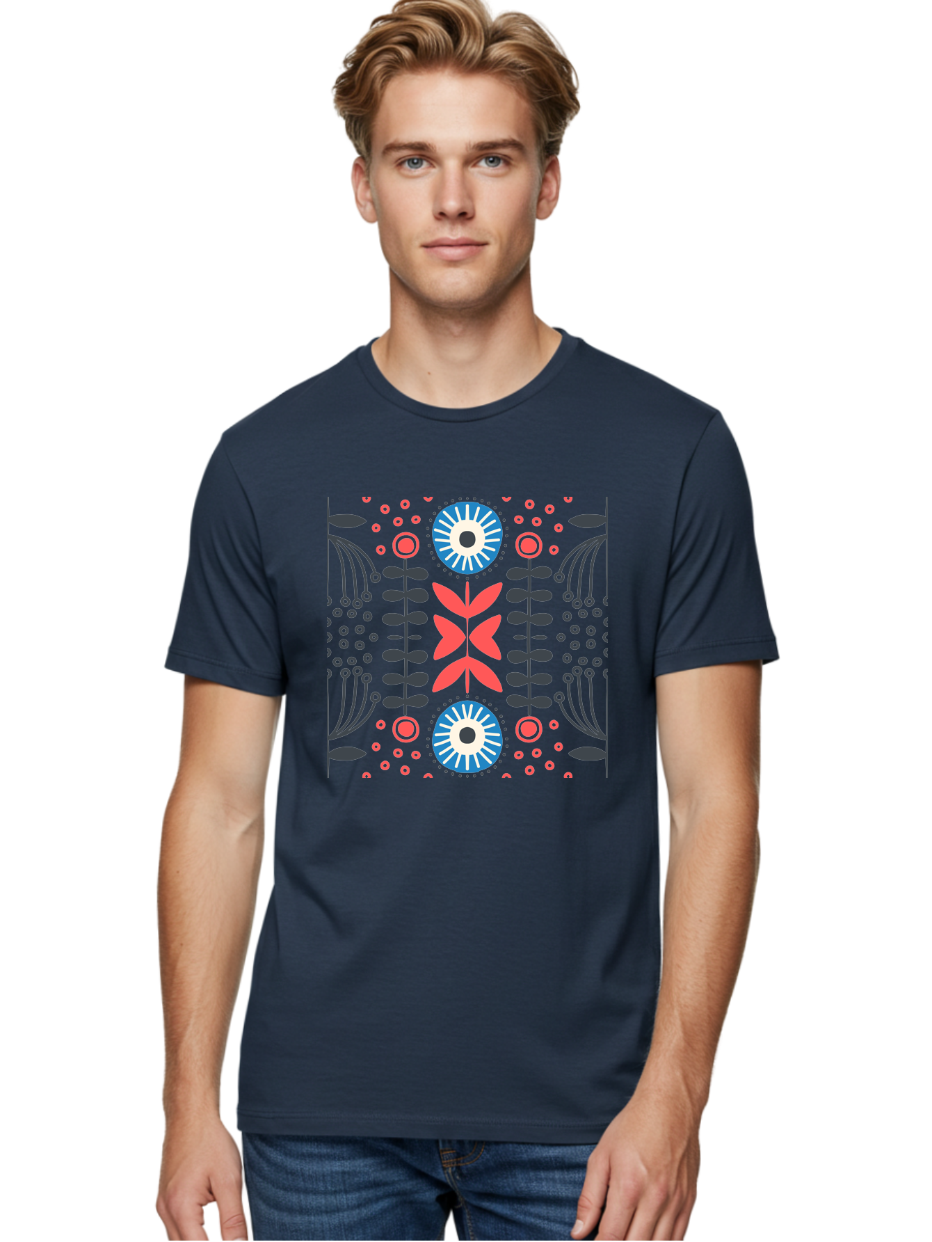 Floral-Pattern-10 Men'S Graphic Tee, 100% Cotton, Comfortable Casual Summer Wear, Machine Washable, Floral Pattern, Stylized Flowers, Symmetrical Design, Blue And Pink Flowers, Black Leaves, Geometric Shapes, Abstract Art, Vibrant Colors, Aab703 18