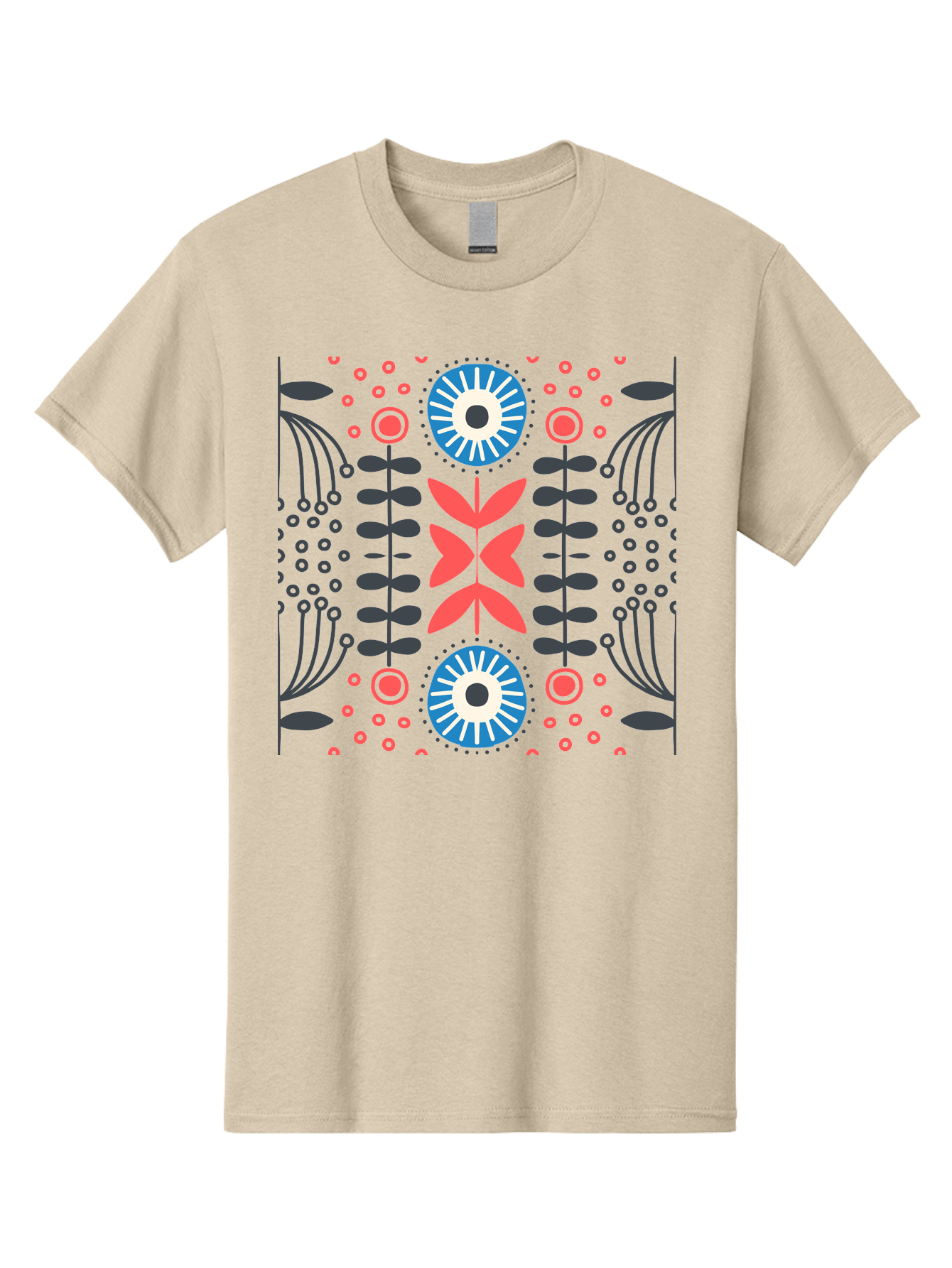 Floral-Pattern-10 Men'S Graphic Tee, 100% Cotton, Comfortable Casual Summer Wear, Machine Washable, Floral Pattern, Stylized Flowers, Symmetrical Design, Blue And Pink Flowers, Black Leaves, Geometric Shapes, Abstract Art, Vibrant Colors, Aab703 23