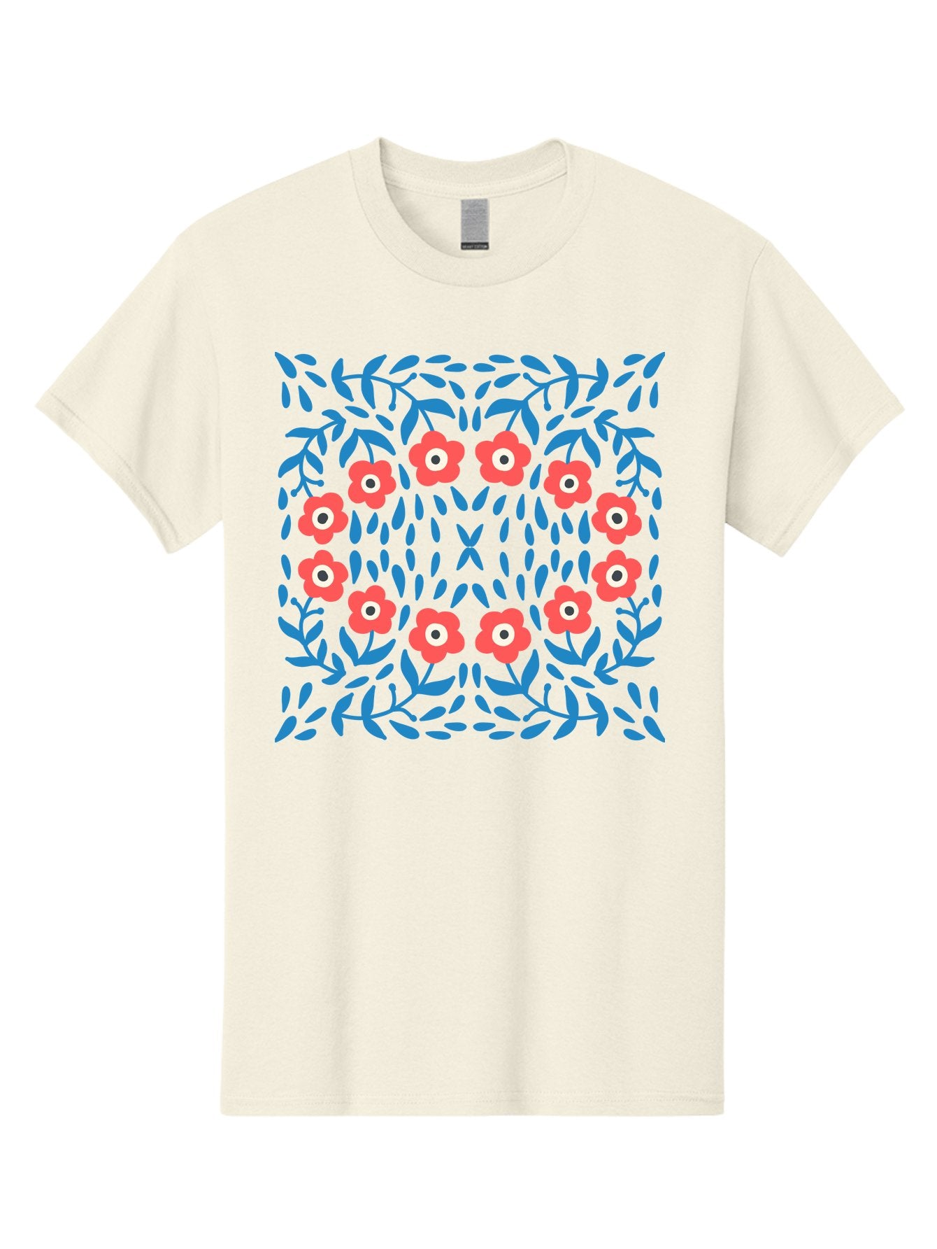 Floral-Pattern-11 Men'S Graphic Tee, 100% Cotton, Comfortable Casual Summer Wear, Machine Washable, Pink Flowers, Floral Pattern, Blue Leaves, Symmetrical Design, Abstract Art, Vibrant Colors, Playful Graphics, Whimsical Elements, Aab704 17