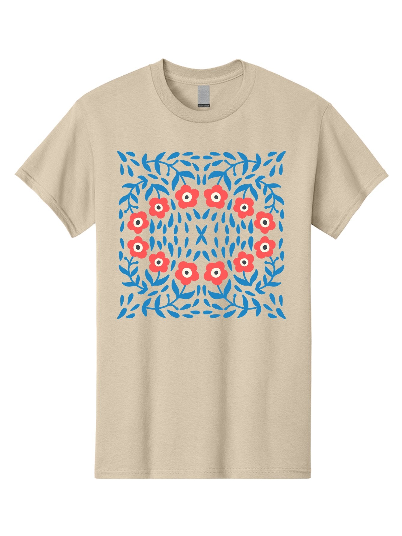 Floral-Pattern-11 Men'S Graphic Tee, 100% Cotton, Comfortable Casual Summer Wear, Machine Washable, Pink Flowers, Floral Pattern, Blue Leaves, Symmetrical Design, Abstract Art, Vibrant Colors, Playful Graphics, Whimsical Elements, Aab704 5