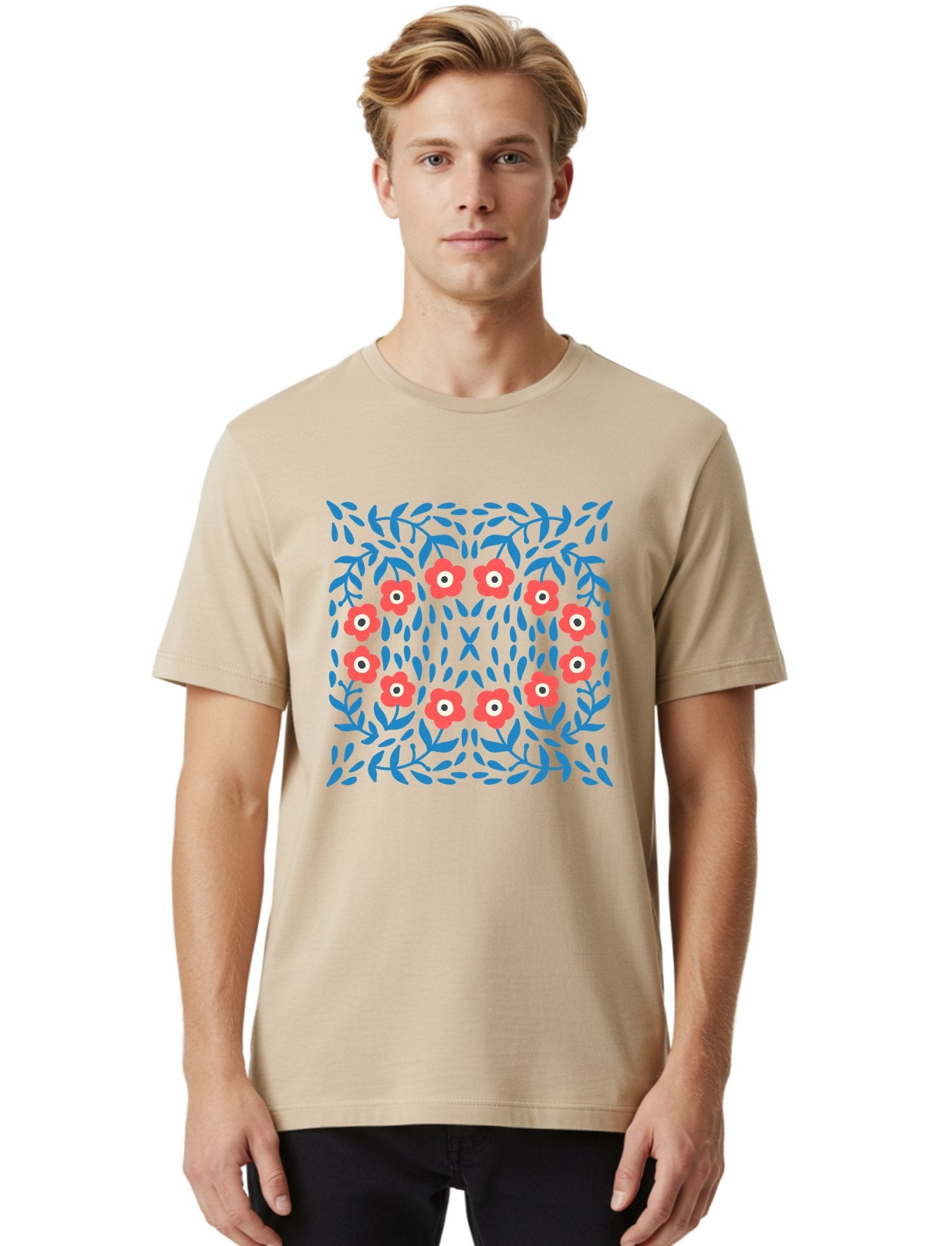 Floral-Pattern-11 Men'S Graphic Tee, 100% Cotton, Comfortable Casual Summer Wear, Machine Washable, Pink Flowers, Floral Pattern, Blue Leaves, Symmetrical Design, Abstract Art, Vibrant Colors, Playful Graphics, Whimsical Elements, Aab704 6