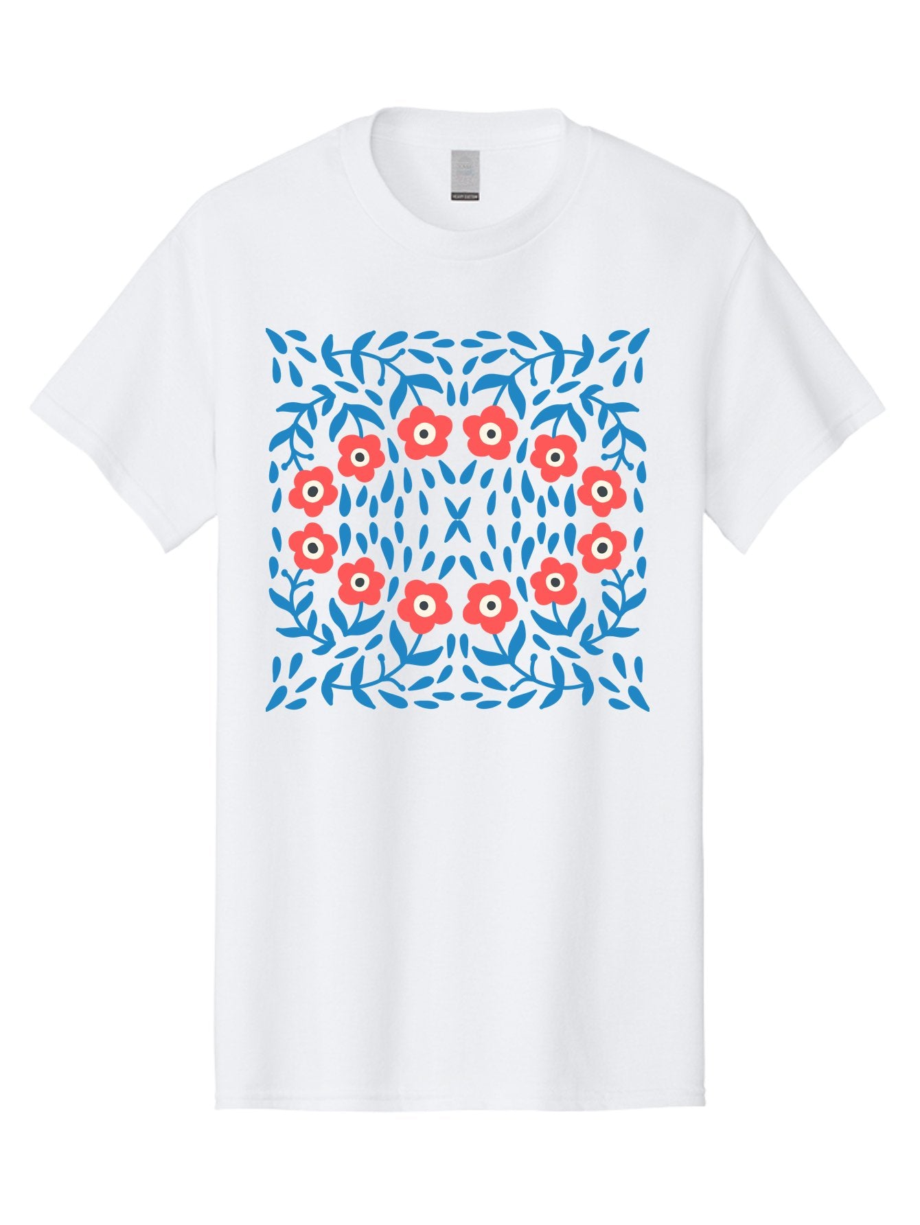 Floral-Pattern-11 Men'S Graphic Tee, 100% Cotton, Comfortable Casual Summer Wear, Machine Washable, Pink Flowers, Floral Pattern, Blue Leaves, Symmetrical Design, Abstract Art, Vibrant Colors, Playful Graphics, Whimsical Elements, Aab704 19