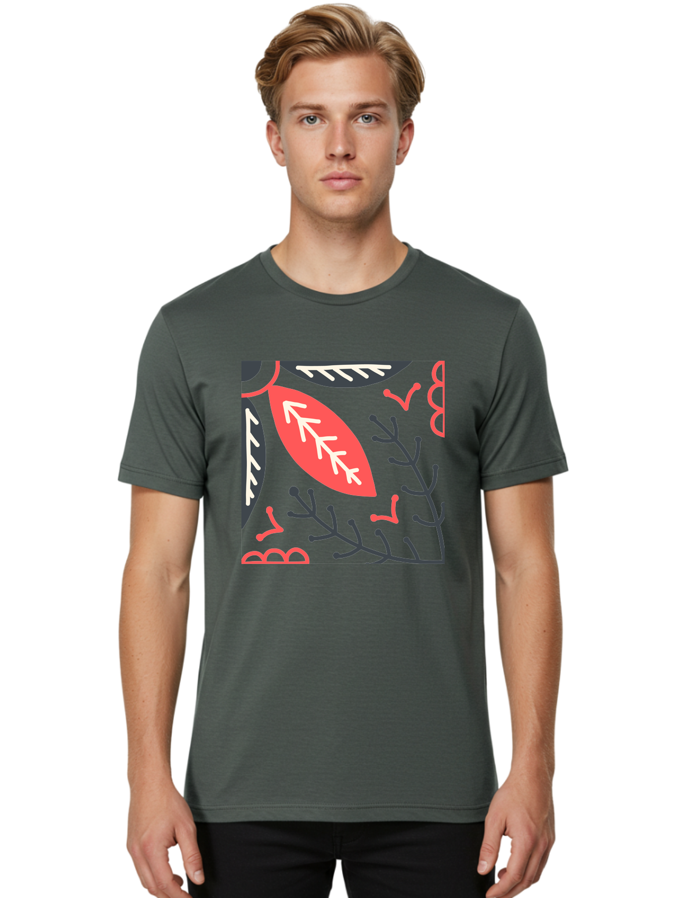 Floral-Pattern-12 Men'S Graphic Tee, 100% Cotton, Comfortable Casual Summer Wear, Machine Washable, Leaf Pattern, Floral Design, Abstract Leaves, Red And White Accents, Black Outlines, Whimsical Illustration, Botanical Art, Aab705 22