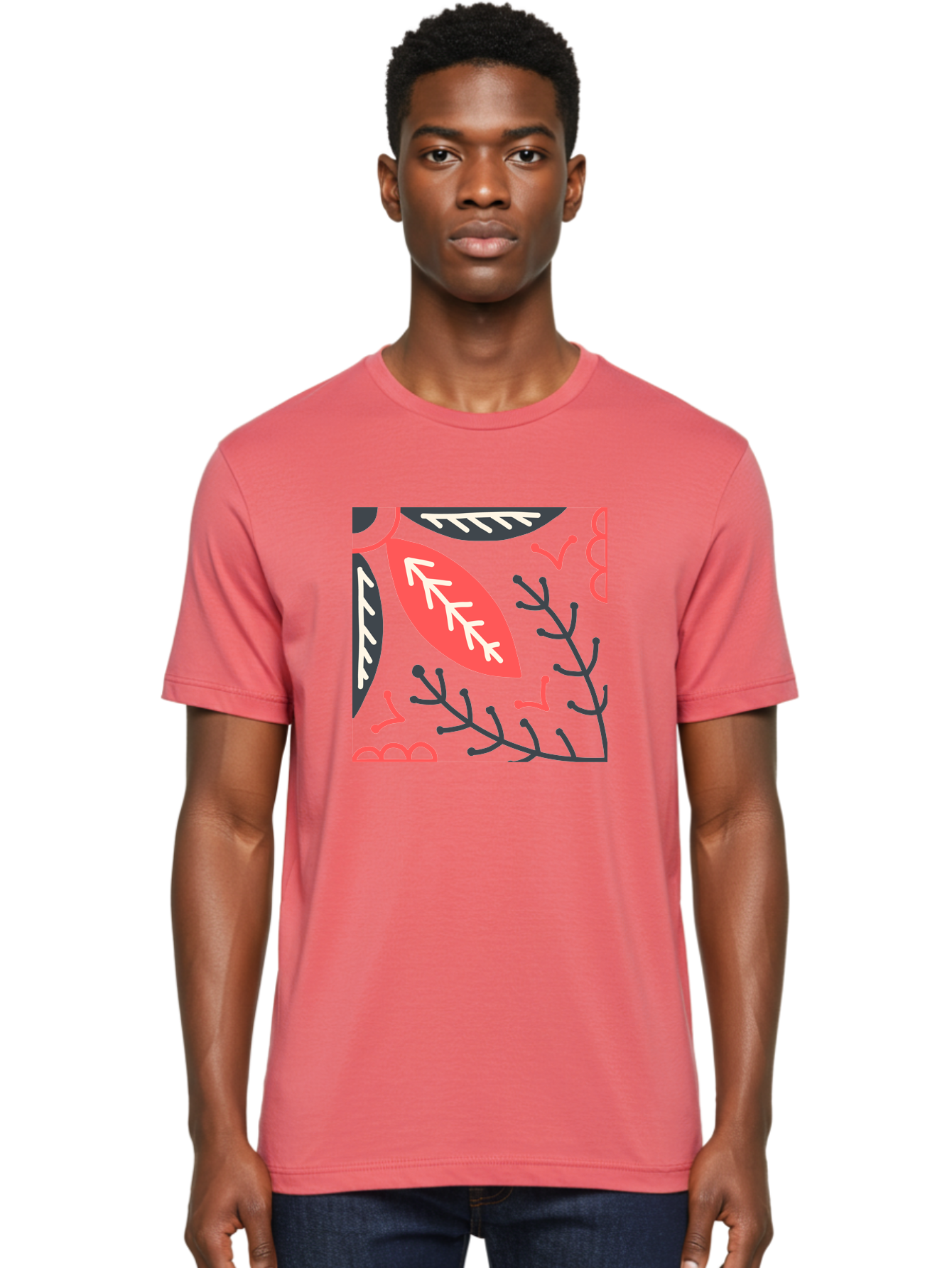 Floral-Pattern-12 Men'S Graphic Tee, 100% Cotton, Comfortable Casual Summer Wear, Machine Washable, Leaf Pattern, Floral Design, Abstract Leaves, Red And White Accents, Black Outlines, Whimsical Illustration, Botanical Art, Aab705 12