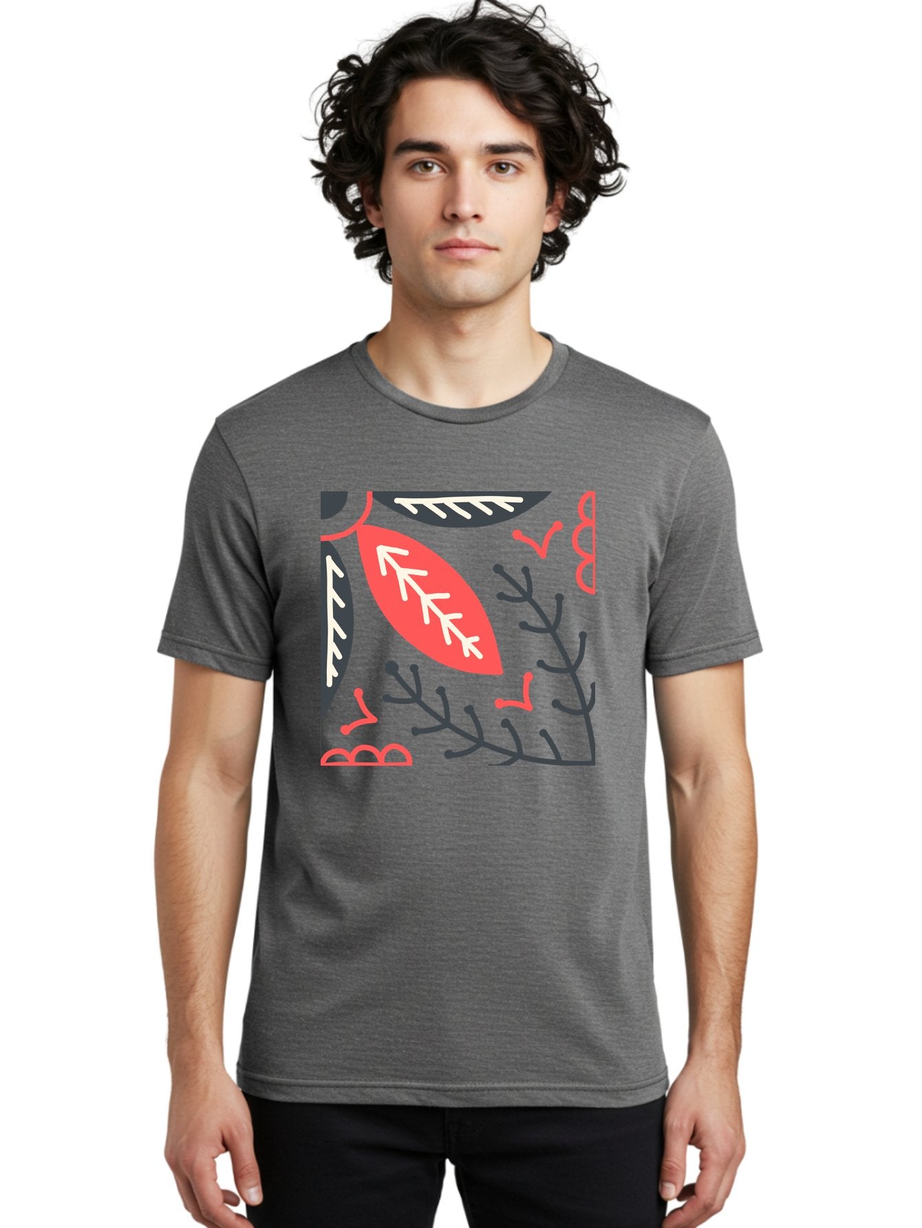 Floral-Pattern-12 Men'S Graphic Tee, 100% Cotton, Comfortable Casual Summer Wear, Machine Washable, Leaf Pattern, Floral Design, Abstract Leaves, Red And White Accents, Black Outlines, Whimsical Illustration, Botanical Art, Aab705 28