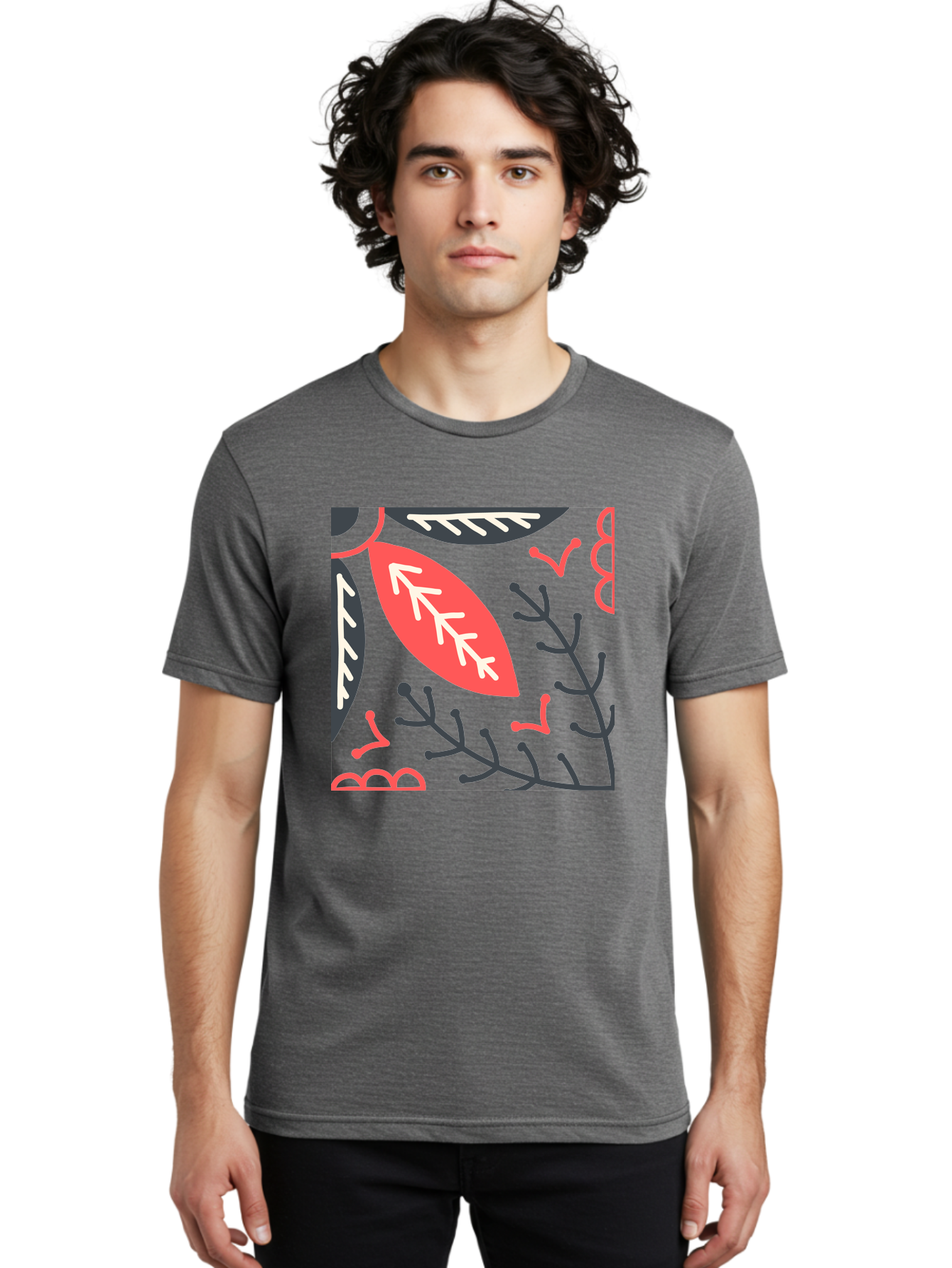 Floral-Pattern-12 Men'S Graphic Tee, 100% Cotton, Comfortable Casual Summer Wear, Machine Washable, Leaf Pattern, Floral Design, Abstract Leaves, Red And White Accents, Black Outlines, Whimsical Illustration, Botanical Art, Aab705 6