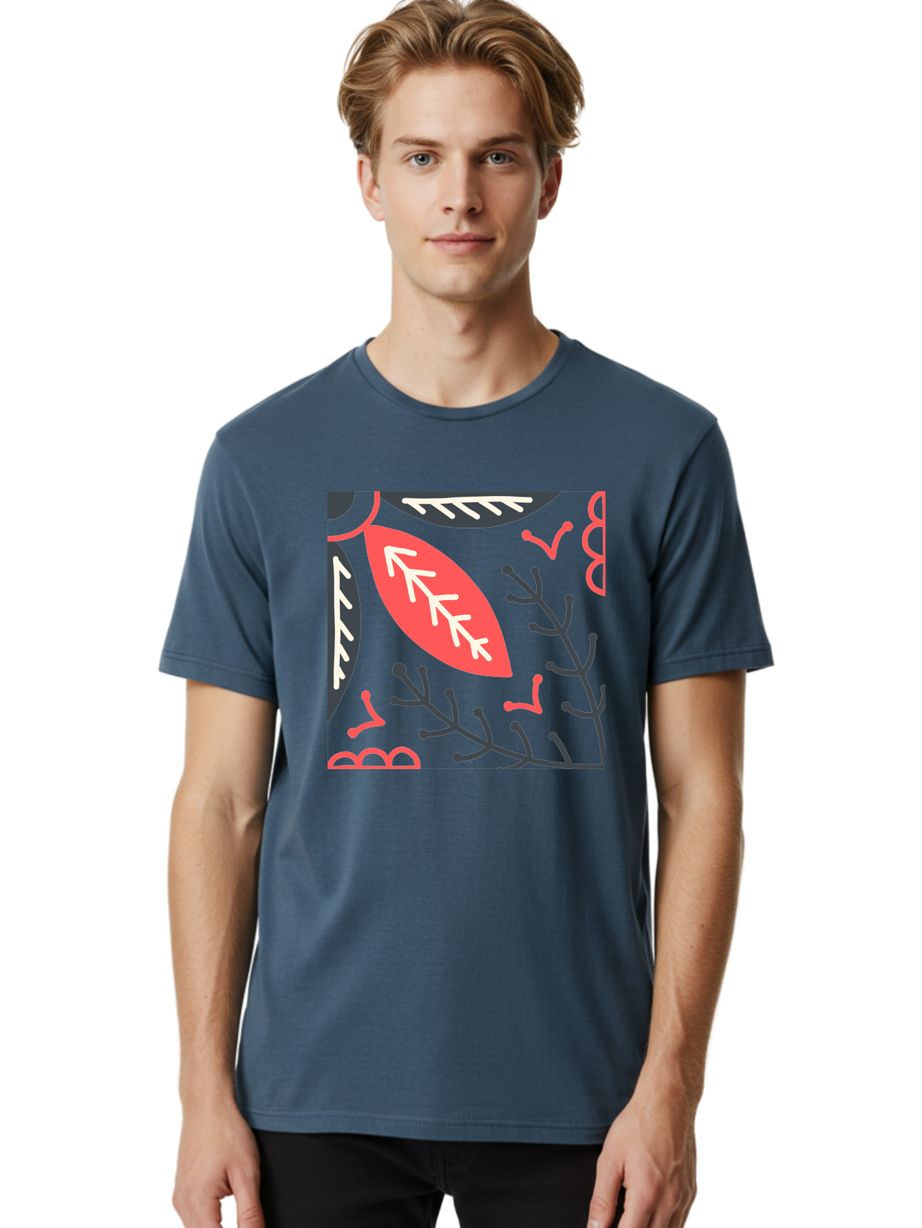 Floral-Pattern-12 Men'S Graphic Tee, 100% Cotton, Comfortable Casual Summer Wear, Machine Washable, Leaf Pattern, Floral Design, Abstract Leaves, Red And White Accents, Black Outlines, Whimsical Illustration, Botanical Art, Aab705 4
