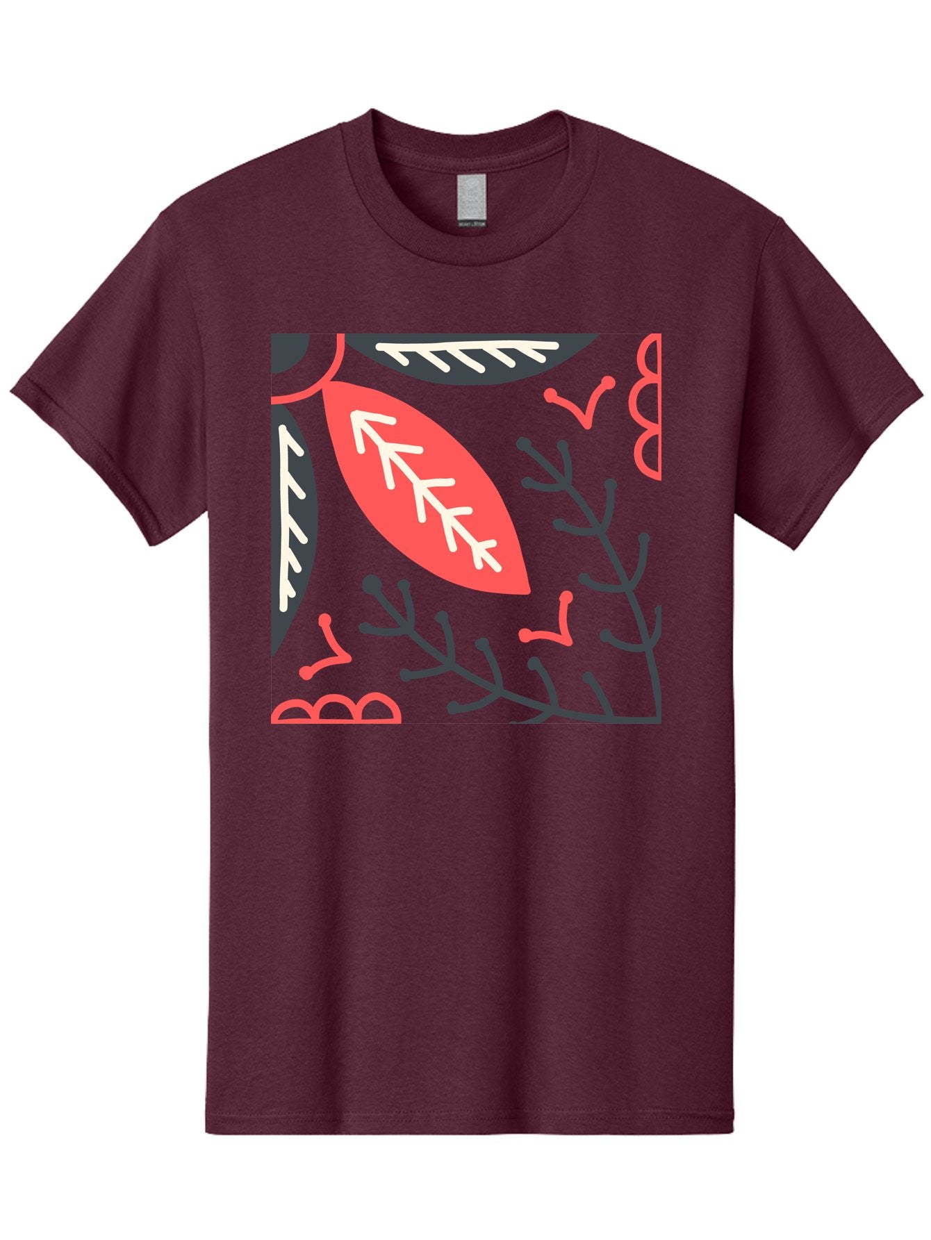 Floral-Pattern-12 Men'S Graphic Tee, 100% Cotton, Comfortable Casual Summer Wear, Machine Washable, Leaf Pattern, Floral Design, Abstract Leaves, Red And White Accents, Black Outlines, Whimsical Illustration, Botanical Art, Aab705 4