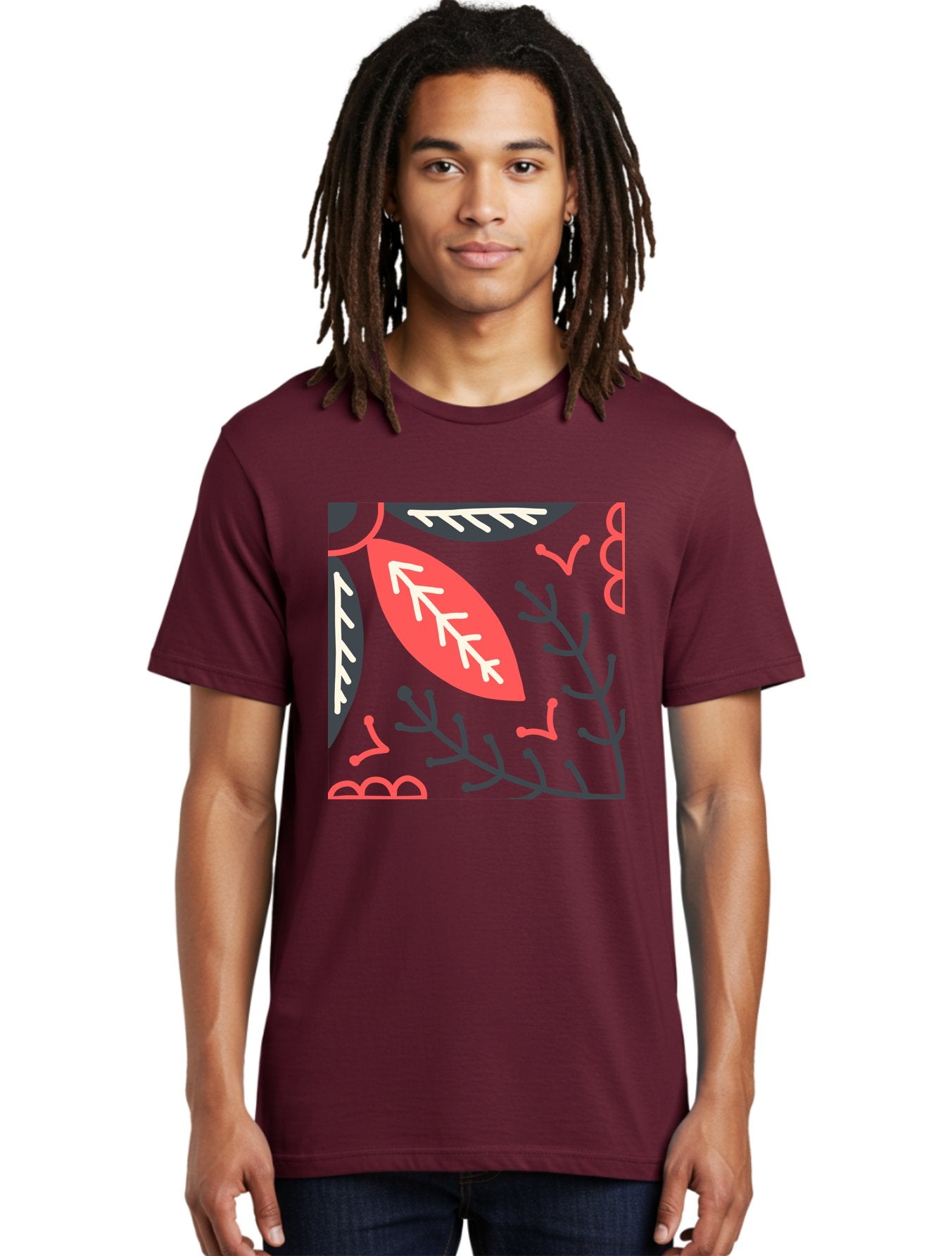 Floral-Pattern-12 Men'S Graphic Tee, 100% Cotton, Comfortable Casual Summer Wear, Machine Washable, Leaf Pattern, Floral Design, Abstract Leaves, Red And White Accents, Black Outlines, Whimsical Illustration, Botanical Art, Aab705 18