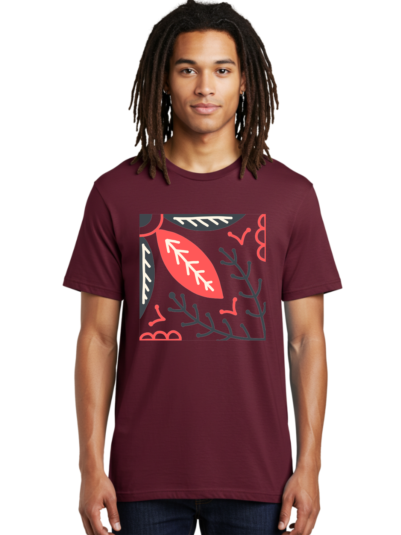 Floral-Pattern-12 Men'S Graphic Tee, 100% Cotton, Comfortable Casual Summer Wear, Machine Washable, Leaf Pattern, Floral Design, Abstract Leaves, Red And White Accents, Black Outlines, Whimsical Illustration, Botanical Art, Aab705 24
