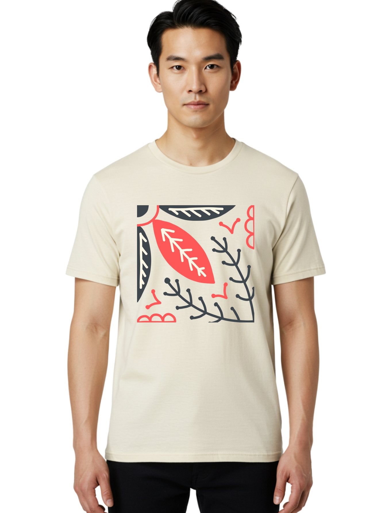 Floral-Pattern-12 Men'S Graphic Tee, 100% Cotton, Comfortable Casual Summer Wear, Machine Washable, Leaf Pattern, Floral Design, Abstract Leaves, Red And White Accents, Black Outlines, Whimsical Illustration, Botanical Art, Aab705 27