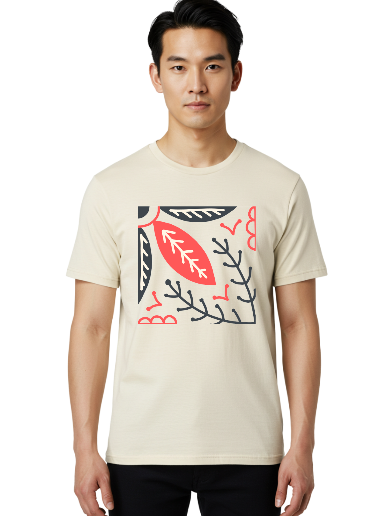 Floral-Pattern-12 Men'S Graphic Tee, 100% Cotton, Comfortable Casual Summer Wear, Machine Washable, Leaf Pattern, Floral Design, Abstract Leaves, Red And White Accents, Black Outlines, Whimsical Illustration, Botanical Art, Aab705 8