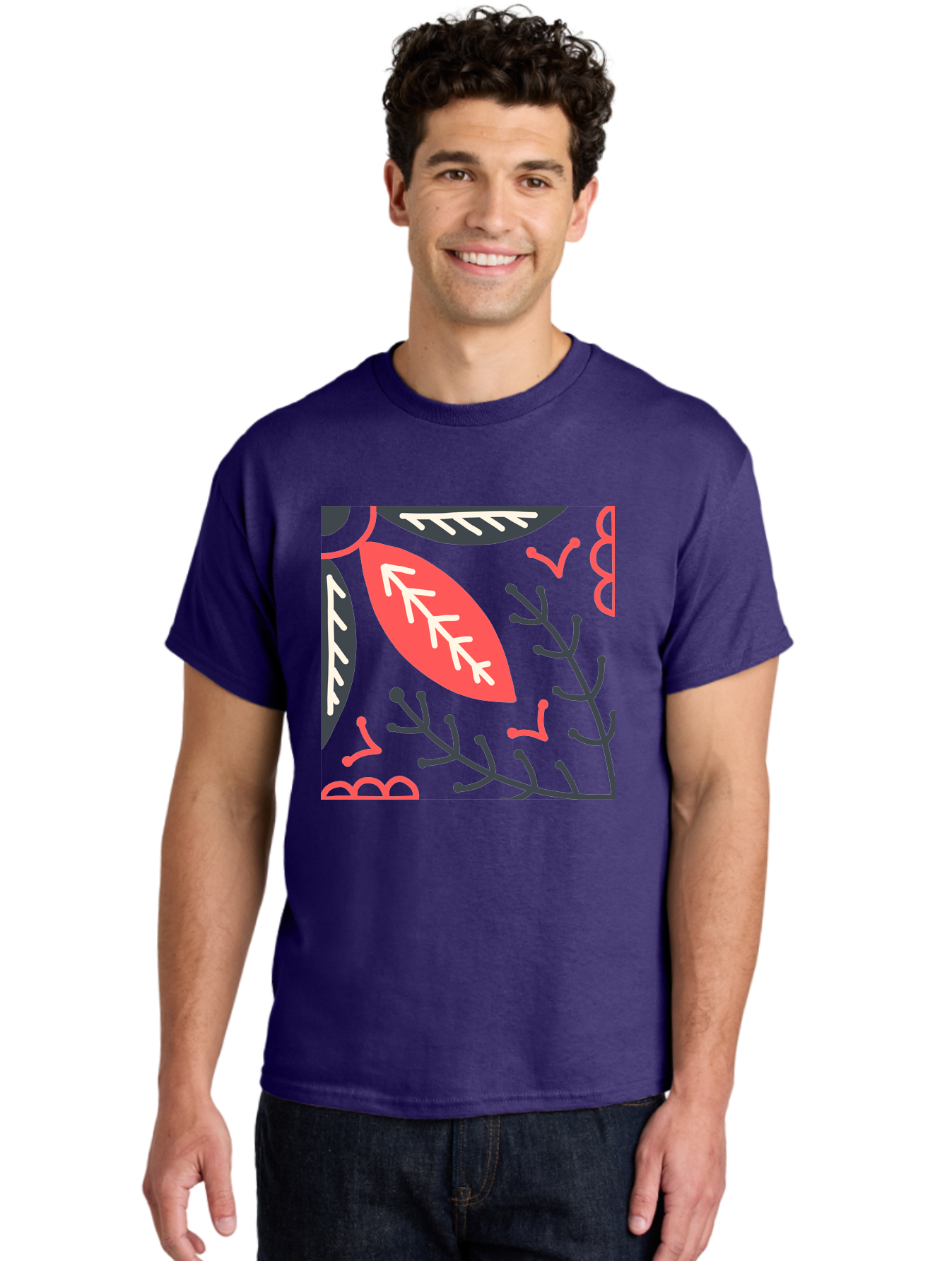 Floral-Pattern-12 Men'S Graphic Tee, 100% Cotton, Comfortable Casual Summer Wear, Machine Washable, Leaf Pattern, Floral Design, Abstract Leaves, Red And White Accents, Black Outlines, Whimsical Illustration, Botanical Art, Aab705 30