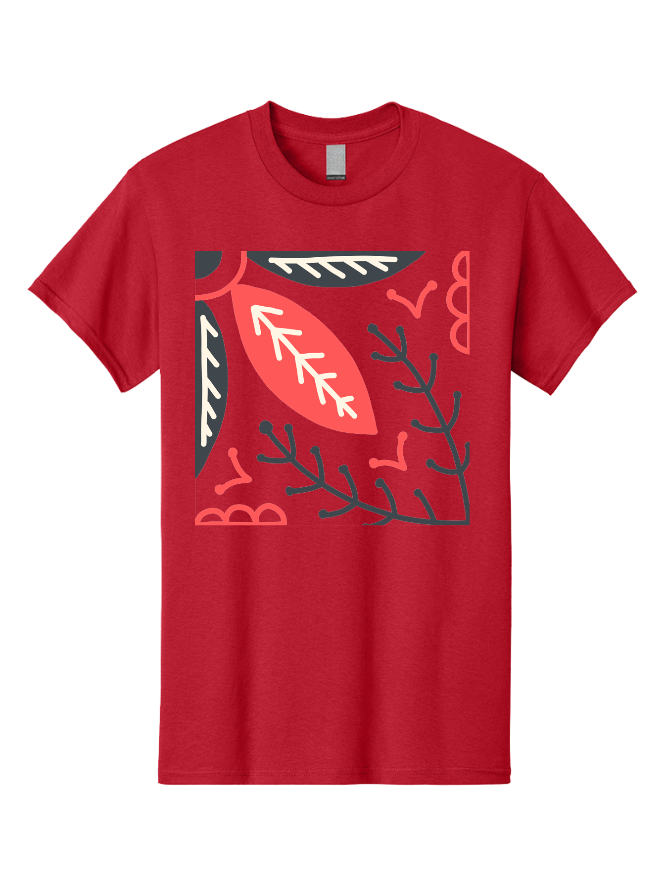 Floral-Pattern-12 Men'S Graphic Tee, 100% Cotton, Comfortable Casual Summer Wear, Machine Washable, Leaf Pattern, Floral Design, Abstract Leaves, Red And White Accents, Black Outlines, Whimsical Illustration, Botanical Art, Aab705 9
