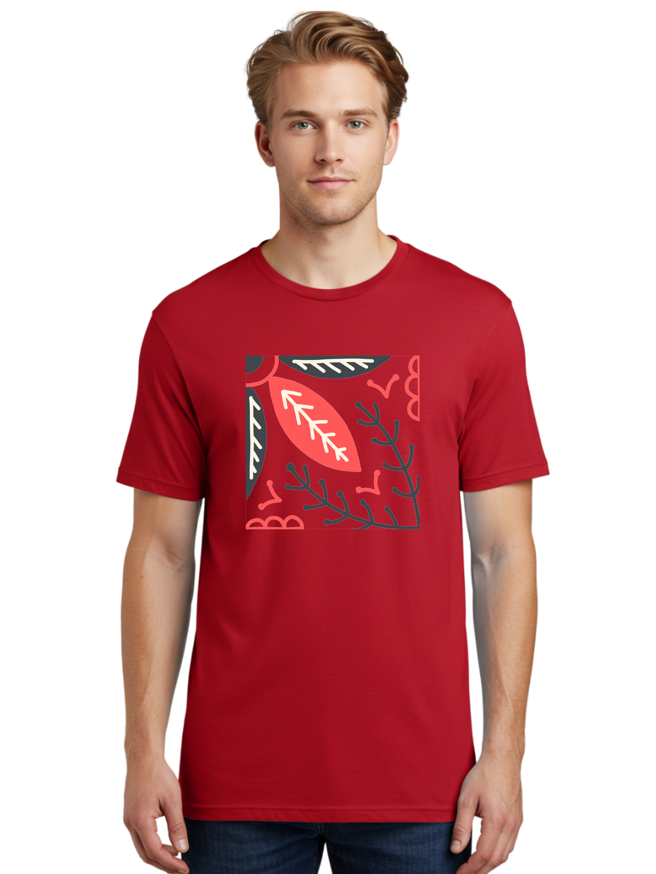 Floral-Pattern-12 Men'S Graphic Tee, 100% Cotton, Comfortable Casual Summer Wear, Machine Washable, Leaf Pattern, Floral Design, Abstract Leaves, Red And White Accents, Black Outlines, Whimsical Illustration, Botanical Art, Aab705 10