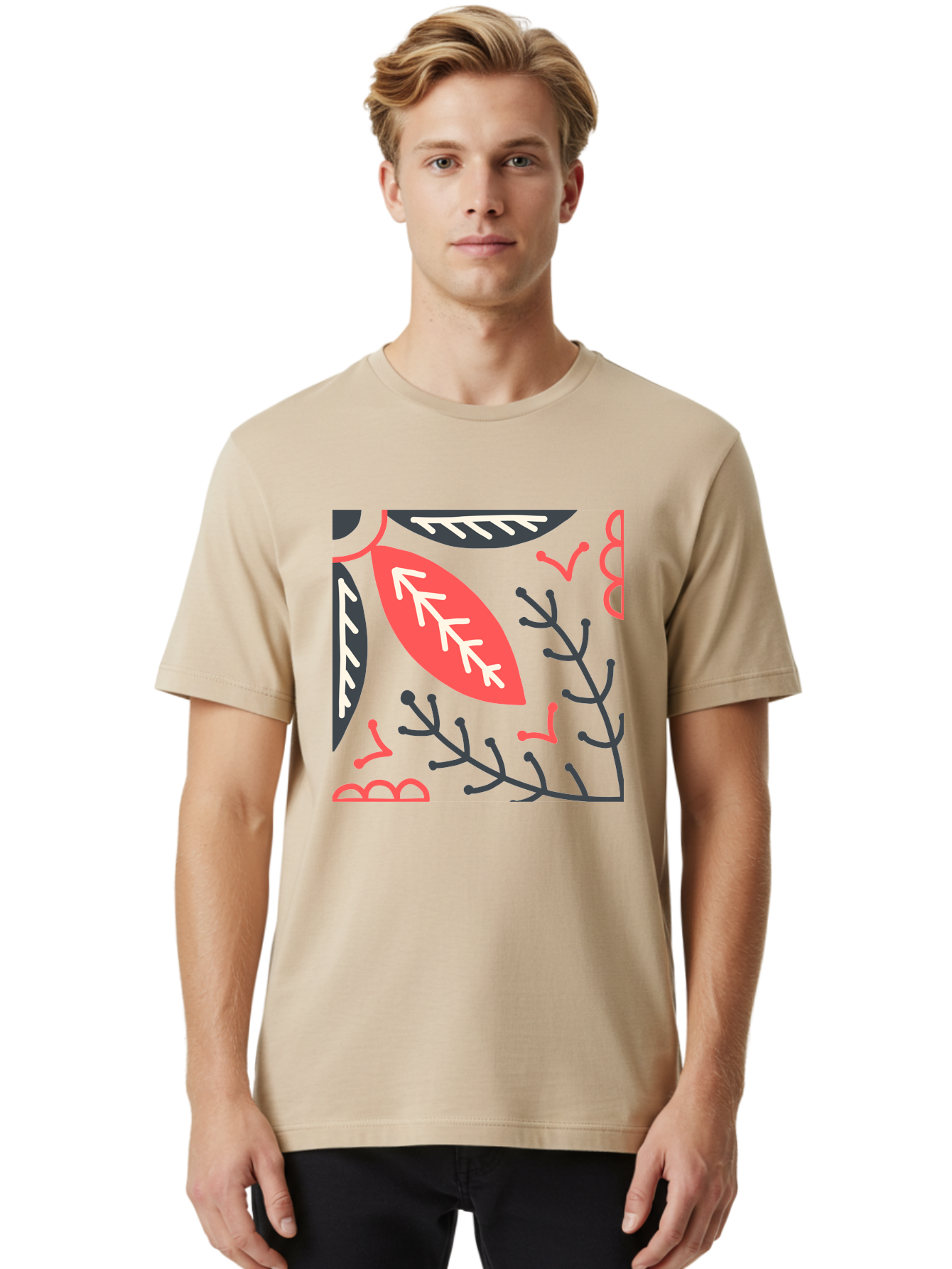 Floral-Pattern-12 Men'S Graphic Tee, 100% Cotton, Comfortable Casual Summer Wear, Machine Washable, Leaf Pattern, Floral Design, Abstract Leaves, Red And White Accents, Black Outlines, Whimsical Illustration, Botanical Art, Aab705 14