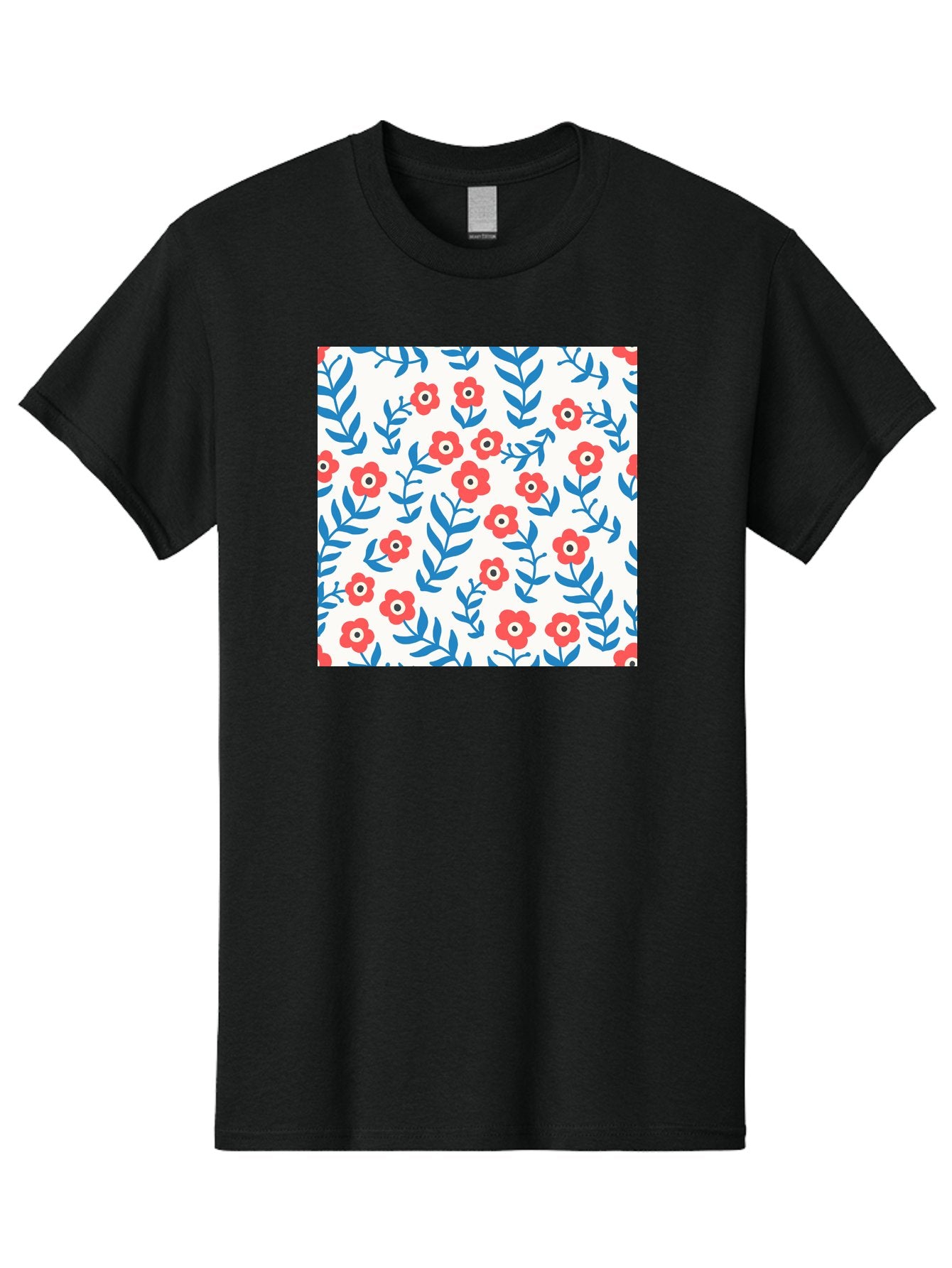 Floral-Pattern-13 Men'S Graphic Tee, 100% Cotton, Comfortable Casual Summer Wear, Machine Washable, Red Flowers, Blue Leaves, Floral Pattern, Repeating Design, Simple Shapes, Minimalist Style, Bold Colors, Playful Motif, Decorative Wallpaper, Aab706 4