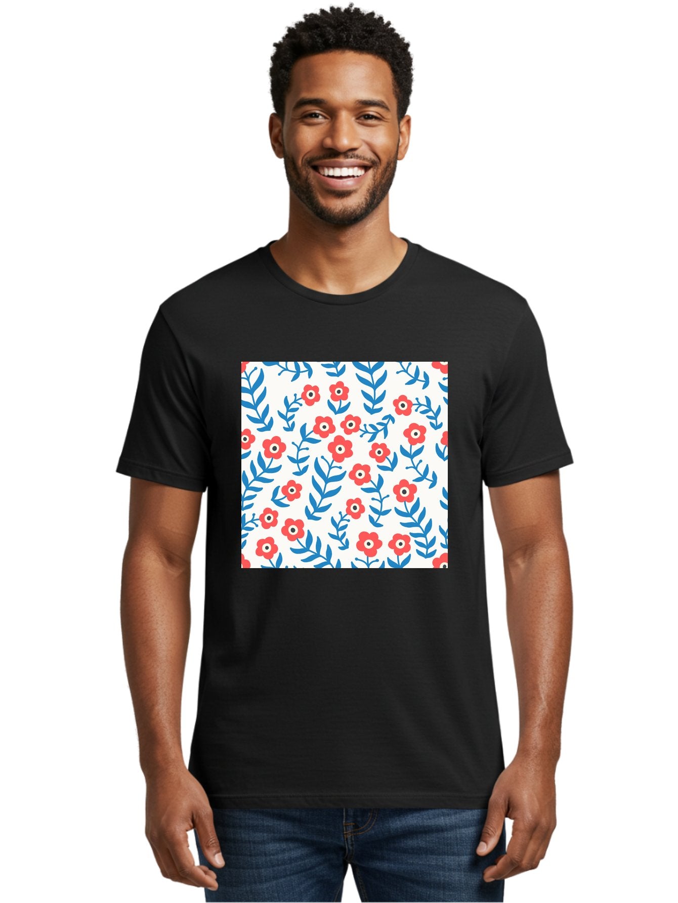 Floral-Pattern-13 Men'S Graphic Tee, 100% Cotton, Comfortable Casual Summer Wear, Machine Washable, Red Flowers, Blue Leaves, Floral Pattern, Repeating Design, Simple Shapes, Minimalist Style, Bold Colors, Playful Motif, Decorative Wallpaper, Aab706 18