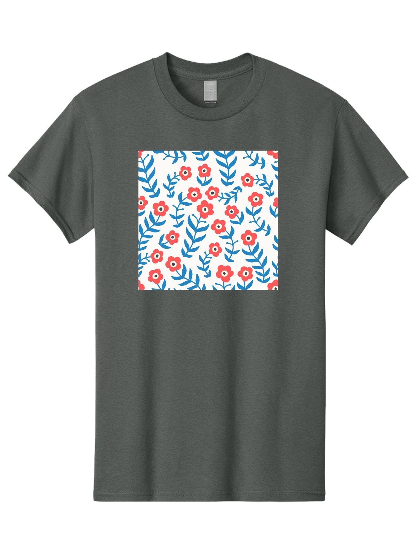Floral-Pattern-13 Men'S Graphic Tee, 100% Cotton, Comfortable Casual Summer Wear, Machine Washable, Red Flowers, Blue Leaves, Floral Pattern, Repeating Design, Simple Shapes, Minimalist Style, Bold Colors, Playful Motif, Decorative Wallpaper, Aab706 7