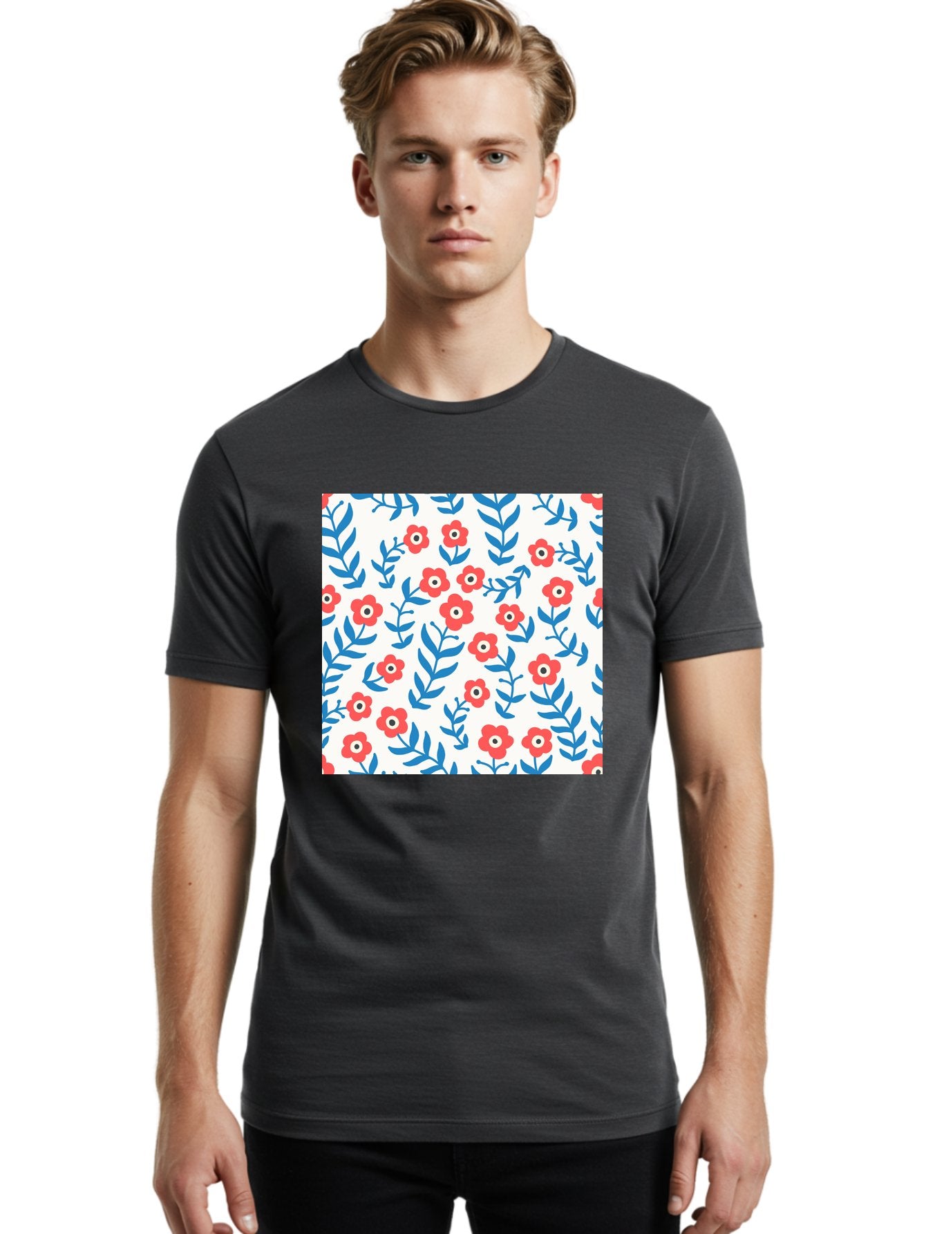 Floral-Pattern-13 Men'S Graphic Tee, 100% Cotton, Comfortable Casual Summer Wear, Machine Washable, Red Flowers, Blue Leaves, Floral Pattern, Repeating Design, Simple Shapes, Minimalist Style, Bold Colors, Playful Motif, Decorative Wallpaper, Aab706 22