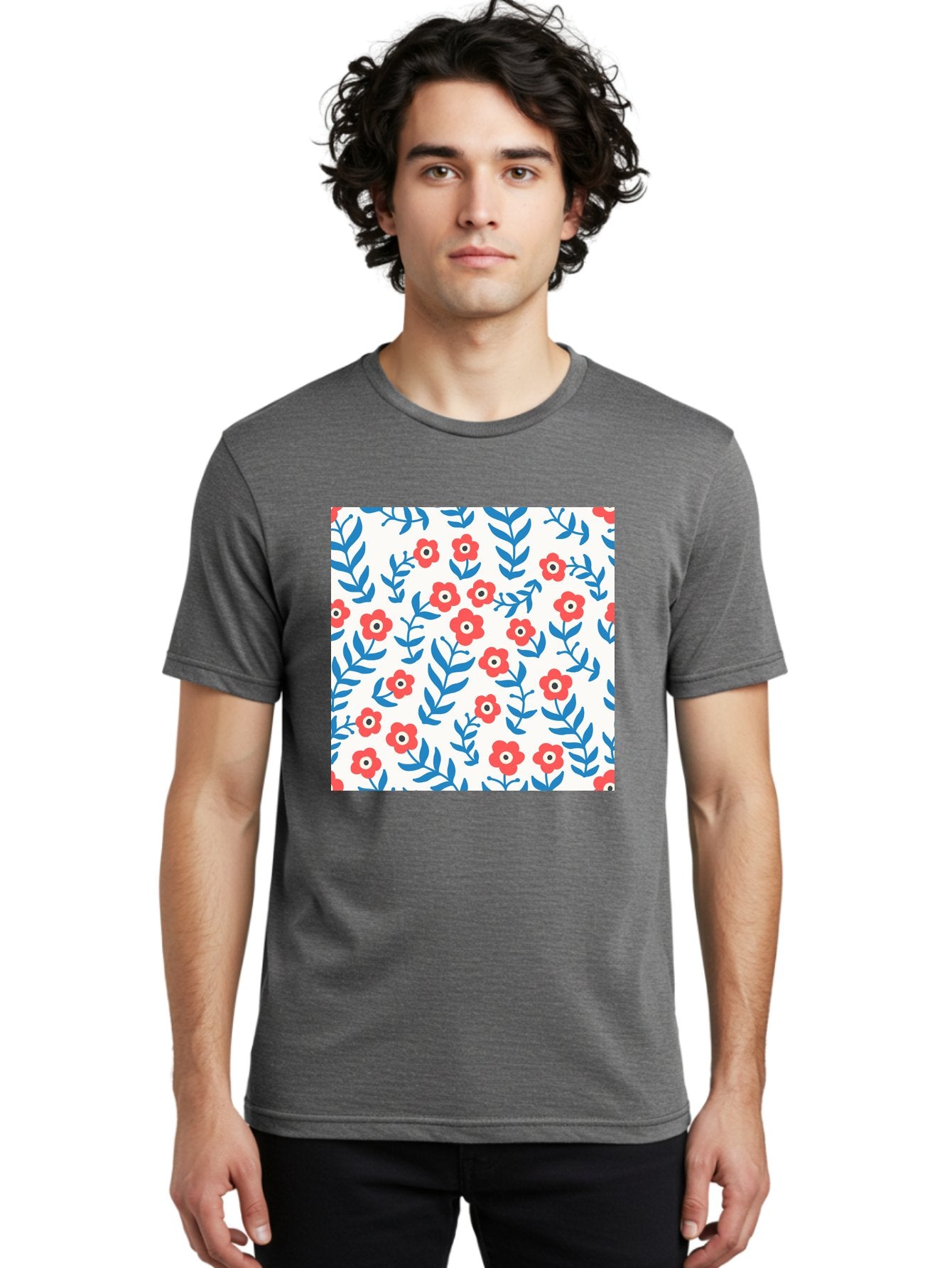 Floral-Pattern-13 Men'S Graphic Tee, 100% Cotton, Comfortable Casual Summer Wear, Machine Washable, Red Flowers, Blue Leaves, Floral Pattern, Repeating Design, Simple Shapes, Minimalist Style, Bold Colors, Playful Motif, Decorative Wallpaper, Aab706 24