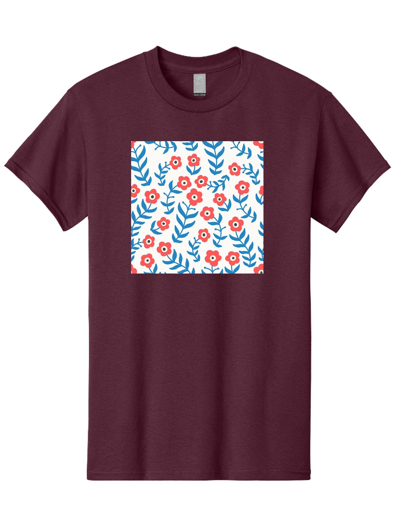 Floral-Pattern-13 Men'S Graphic Tee, 100% Cotton, Comfortable Casual Summer Wear, Machine Washable, Red Flowers, Blue Leaves, Floral Pattern, Repeating Design, Simple Shapes, Minimalist Style, Bold Colors, Playful Motif, Decorative Wallpaper, Aab706