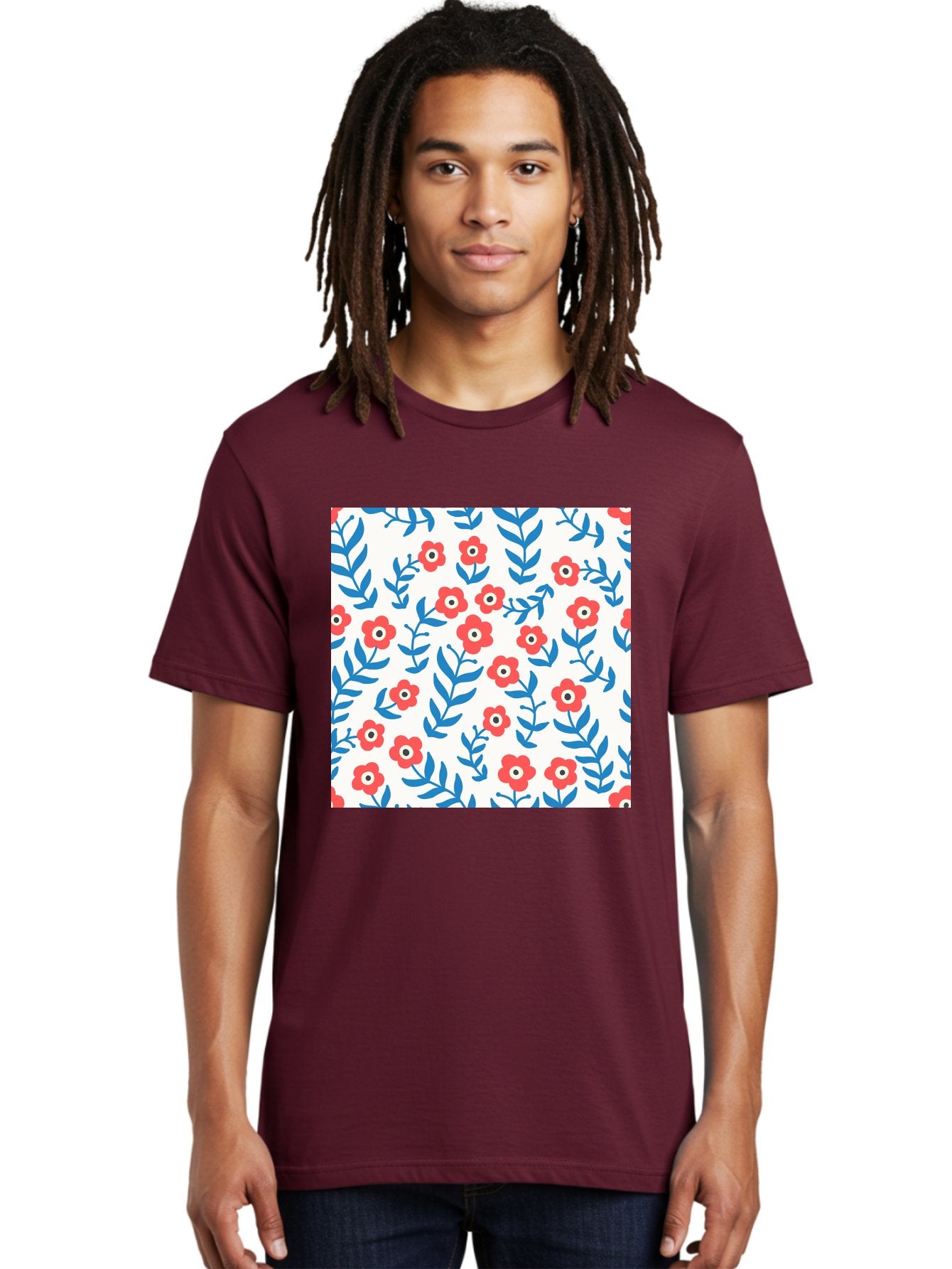 Floral-Pattern-13 Men'S Graphic Tee, 100% Cotton, Comfortable Casual Summer Wear, Machine Washable, Red Flowers, Blue Leaves, Floral Pattern, Repeating Design, Simple Shapes, Minimalist Style, Bold Colors, Playful Motif, Decorative Wallpaper, Aab706 21