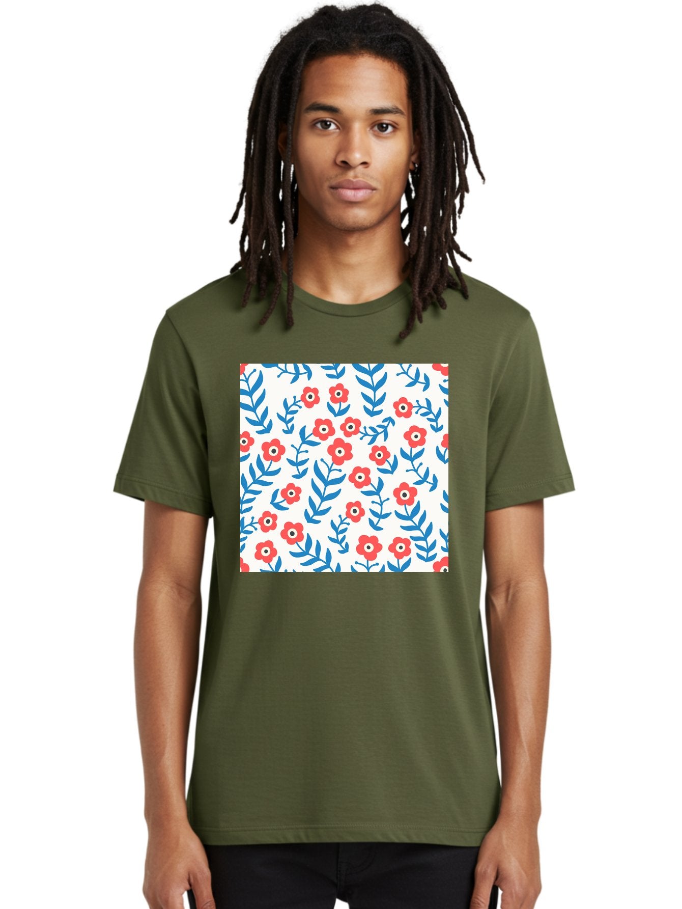 Floral-Pattern-13 Men'S Graphic Tee, 100% Cotton, Comfortable Casual Summer Wear, Machine Washable, Red Flowers, Blue Leaves, Floral Pattern, Repeating Design, Simple Shapes, Minimalist Style, Bold Colors, Playful Motif, Decorative Wallpaper, Aab706 26