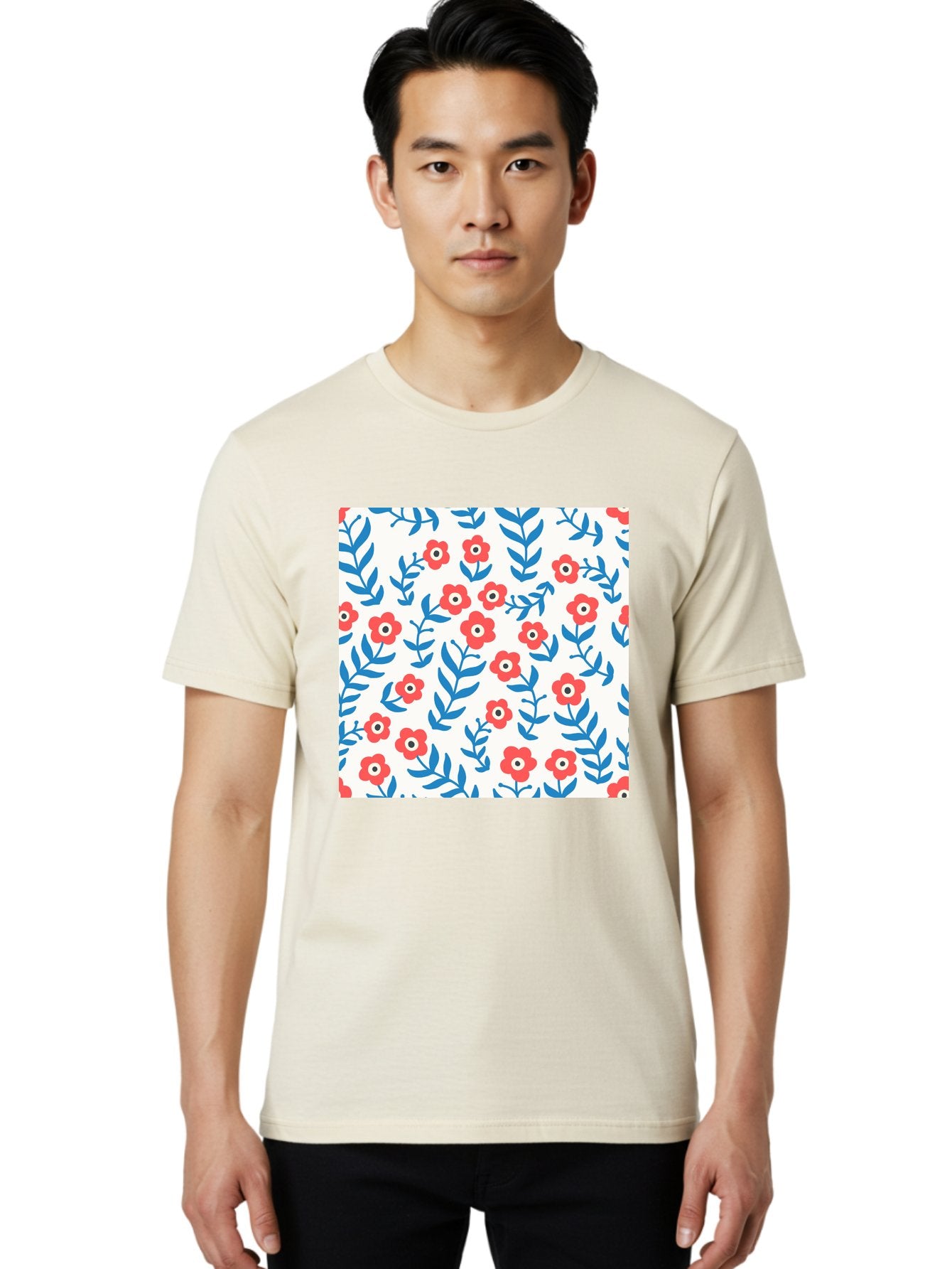 Floral-Pattern-13 Men'S Graphic Tee, 100% Cotton, Comfortable Casual Summer Wear, Machine Washable, Red Flowers, Blue Leaves, Floral Pattern, Repeating Design, Simple Shapes, Minimalist Style, Bold Colors, Playful Motif, Decorative Wallpaper, Aab706 20