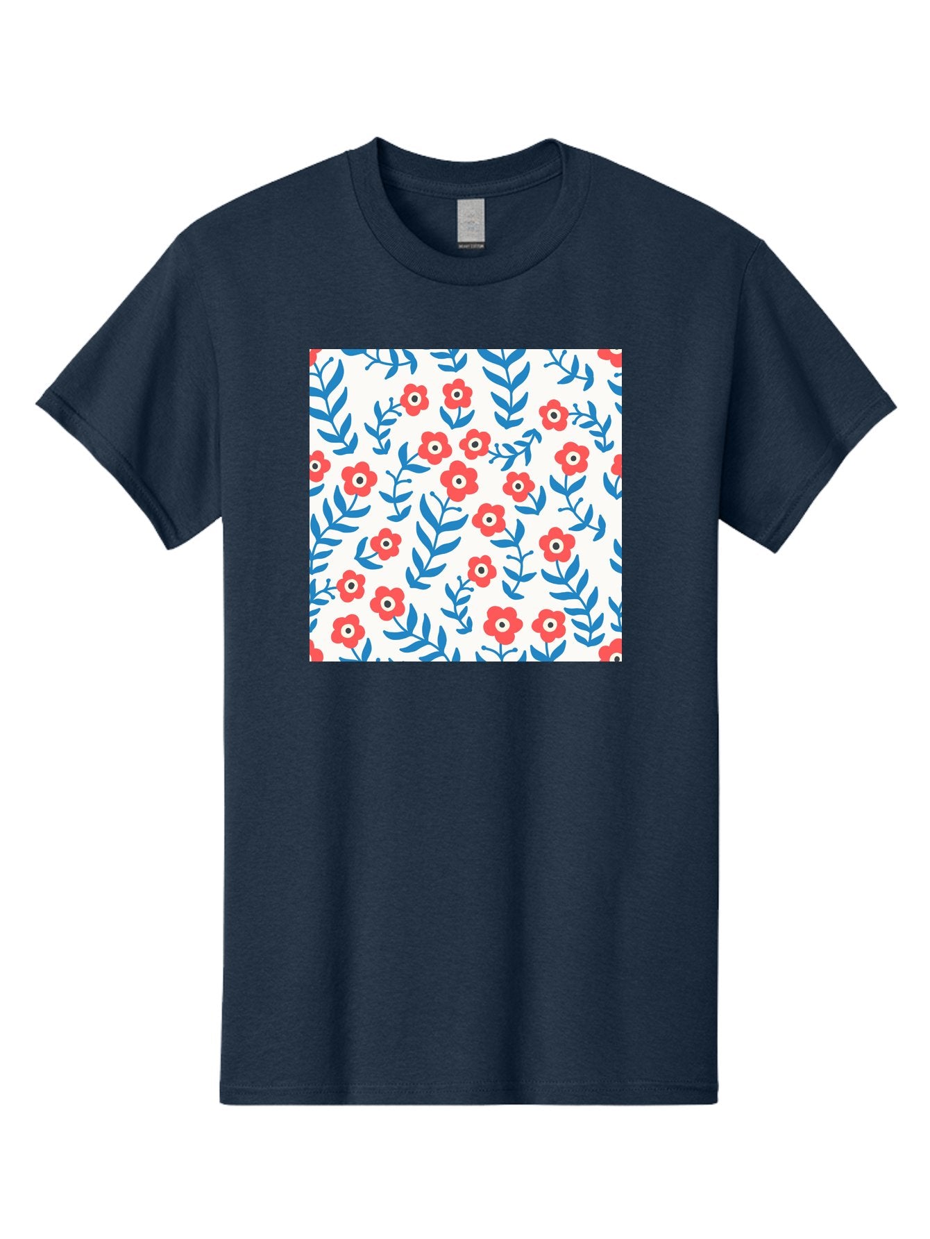Floral-Pattern-13 Men'S Graphic Tee, 100% Cotton, Comfortable Casual Summer Wear, Machine Washable, Red Flowers, Blue Leaves, Floral Pattern, Repeating Design, Simple Shapes, Minimalist Style, Bold Colors, Playful Motif, Decorative Wallpaper, Aab706 5
