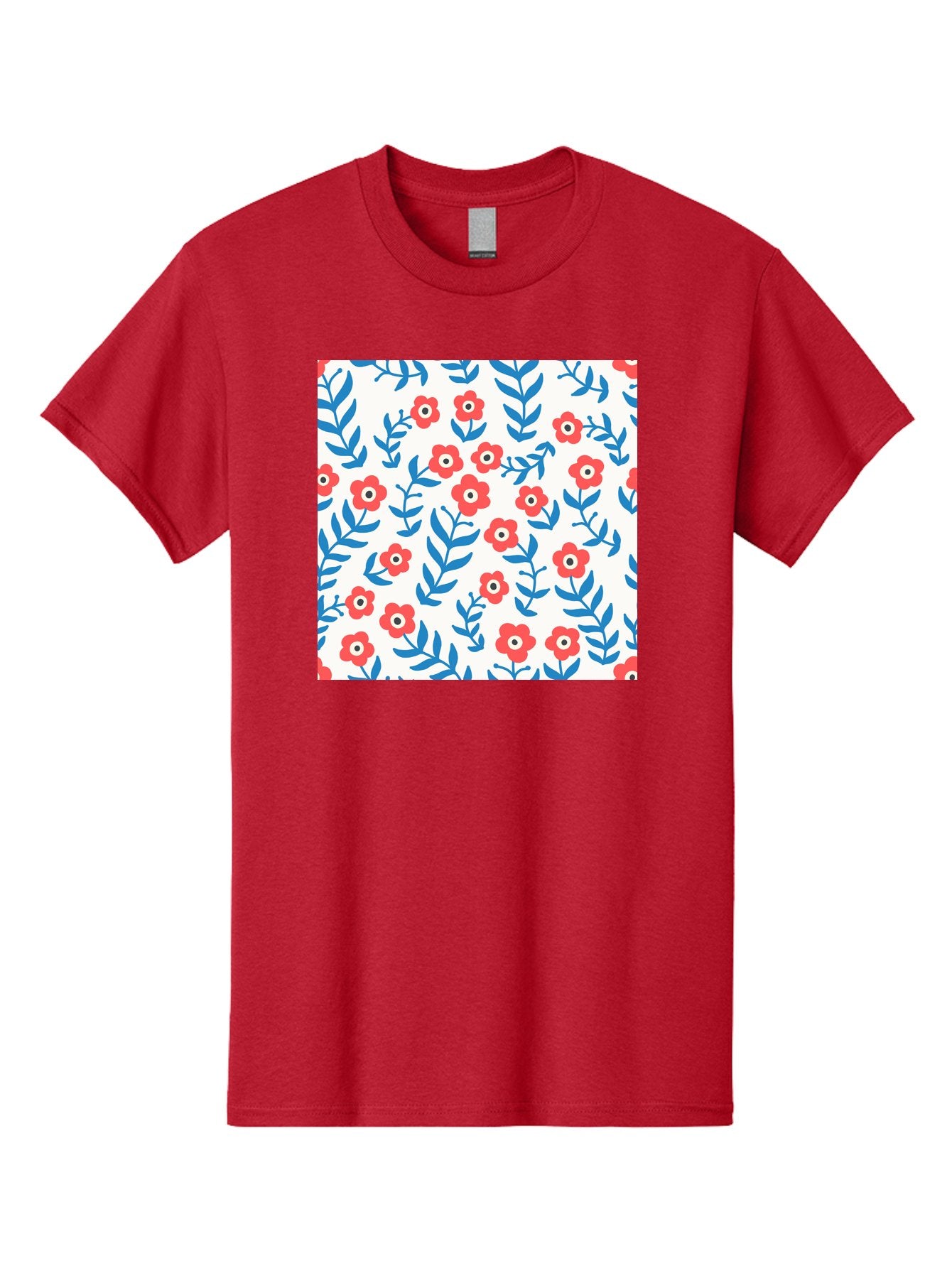 Floral-Pattern-13 Men'S Graphic Tee, 100% Cotton, Comfortable Casual Summer Wear, Machine Washable, Red Flowers, Blue Leaves, Floral Pattern, Repeating Design, Simple Shapes, Minimalist Style, Bold Colors, Playful Motif, Decorative Wallpaper, Aab706 12