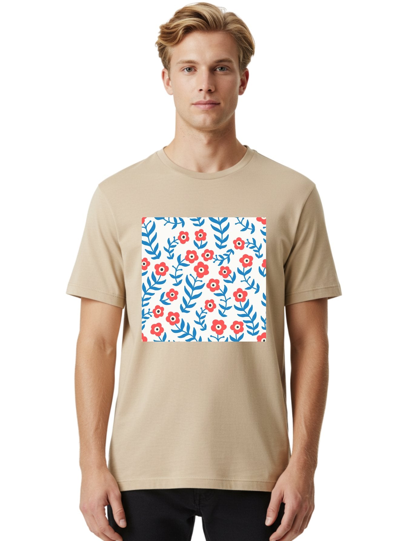 Floral-Pattern-13 Men'S Graphic Tee, 100% Cotton, Comfortable Casual Summer Wear, Machine Washable, Red Flowers, Blue Leaves, Floral Pattern, Repeating Design, Simple Shapes, Minimalist Style, Bold Colors, Playful Motif, Decorative Wallpaper, Aab706 25