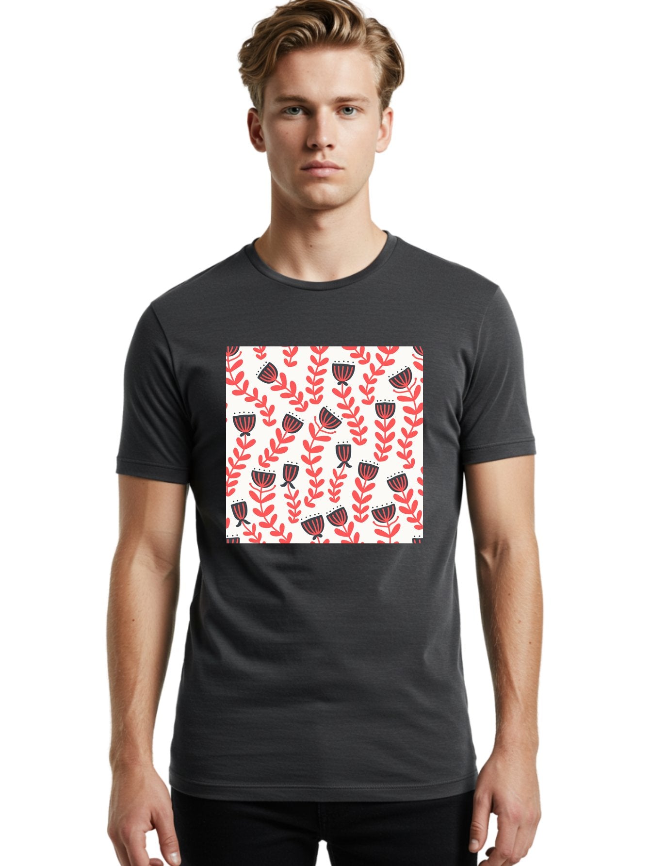 Floral-Pattern-14 Men'S Graphic Tee, 100% Cotton, Comfortable Casual Summer Wear, Machine Washable, Repeating Floral Pattern, Red Leaves, Black And Red Flowers, Minimalist Design, Simple Shapes, Folk Art Style, Wallpaper Design, Aab707 20
