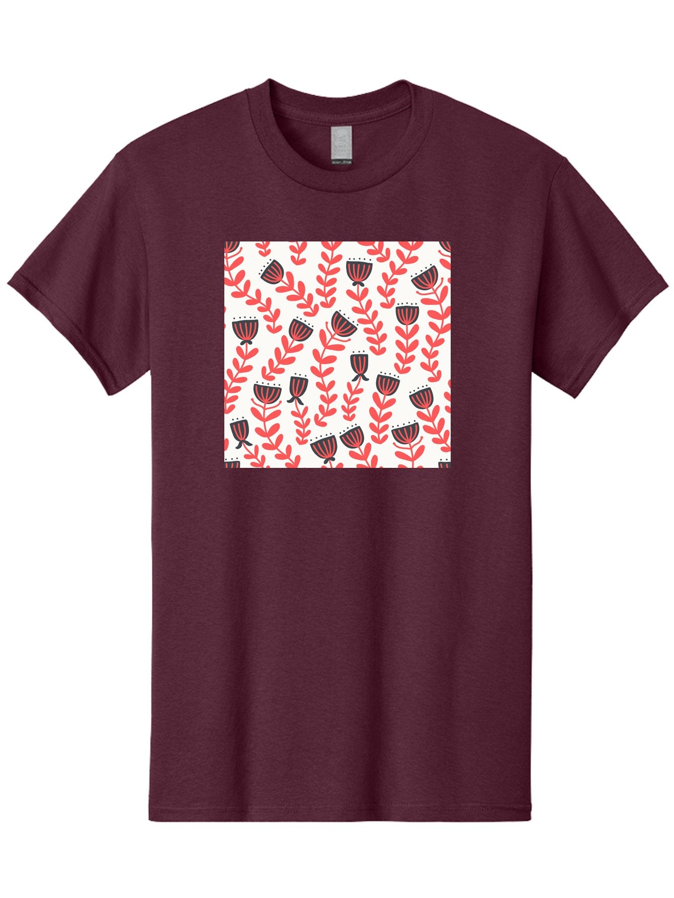 Floral-Pattern-14 Men'S Graphic Tee, 100% Cotton, Comfortable Casual Summer Wear, Machine Washable, Repeating Floral Pattern, Red Leaves, Black And Red Flowers, Minimalist Design, Simple Shapes, Folk Art Style, Wallpaper Design, Aab707