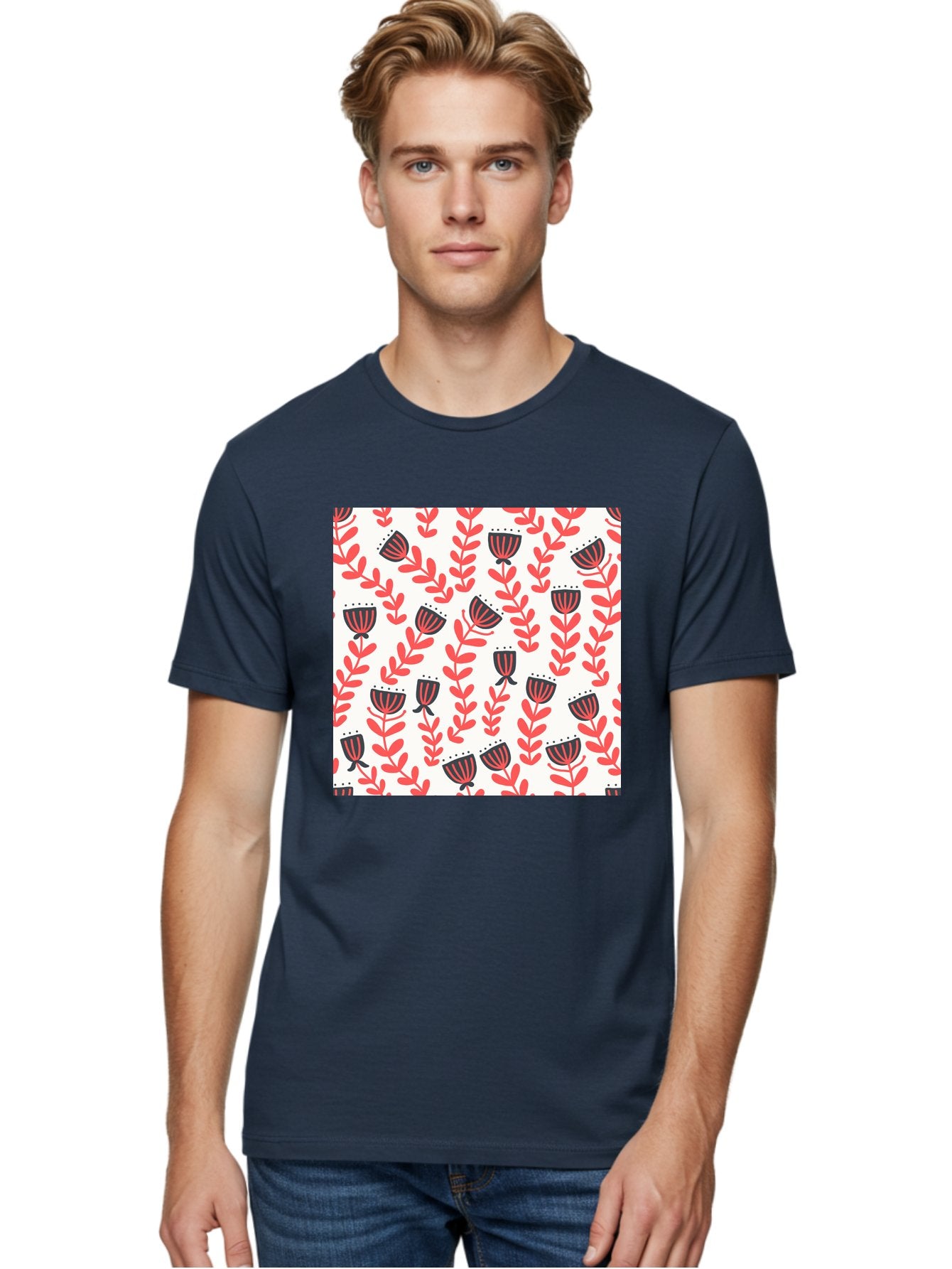Floral-Pattern-14 Men'S Graphic Tee, 100% Cotton, Comfortable Casual Summer Wear, Machine Washable, Repeating Floral Pattern, Red Leaves, Black And Red Flowers, Minimalist Design, Simple Shapes, Folk Art Style, Wallpaper Design, Aab707 16