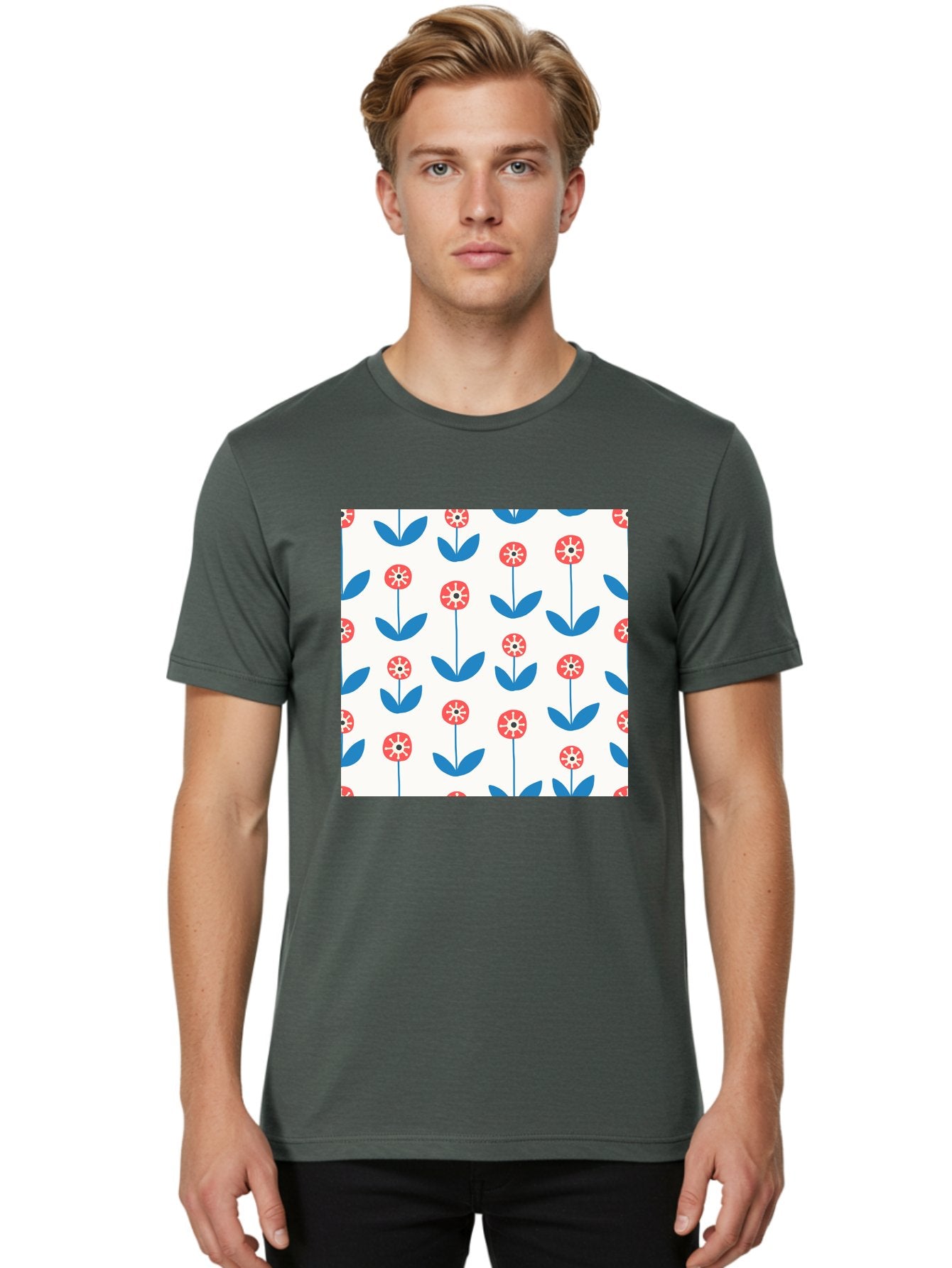 Floral-Pattern-15 Men'S Graphic Tee, 100% Cotton, Comfortable Casual Summer Wear, Machine Washable, Repeating Floral Pattern, Red Flowers With White Details, Blue Leaves And Stems, Simple Design, Minimalist Style, Seamless Repeat, Aab708 21