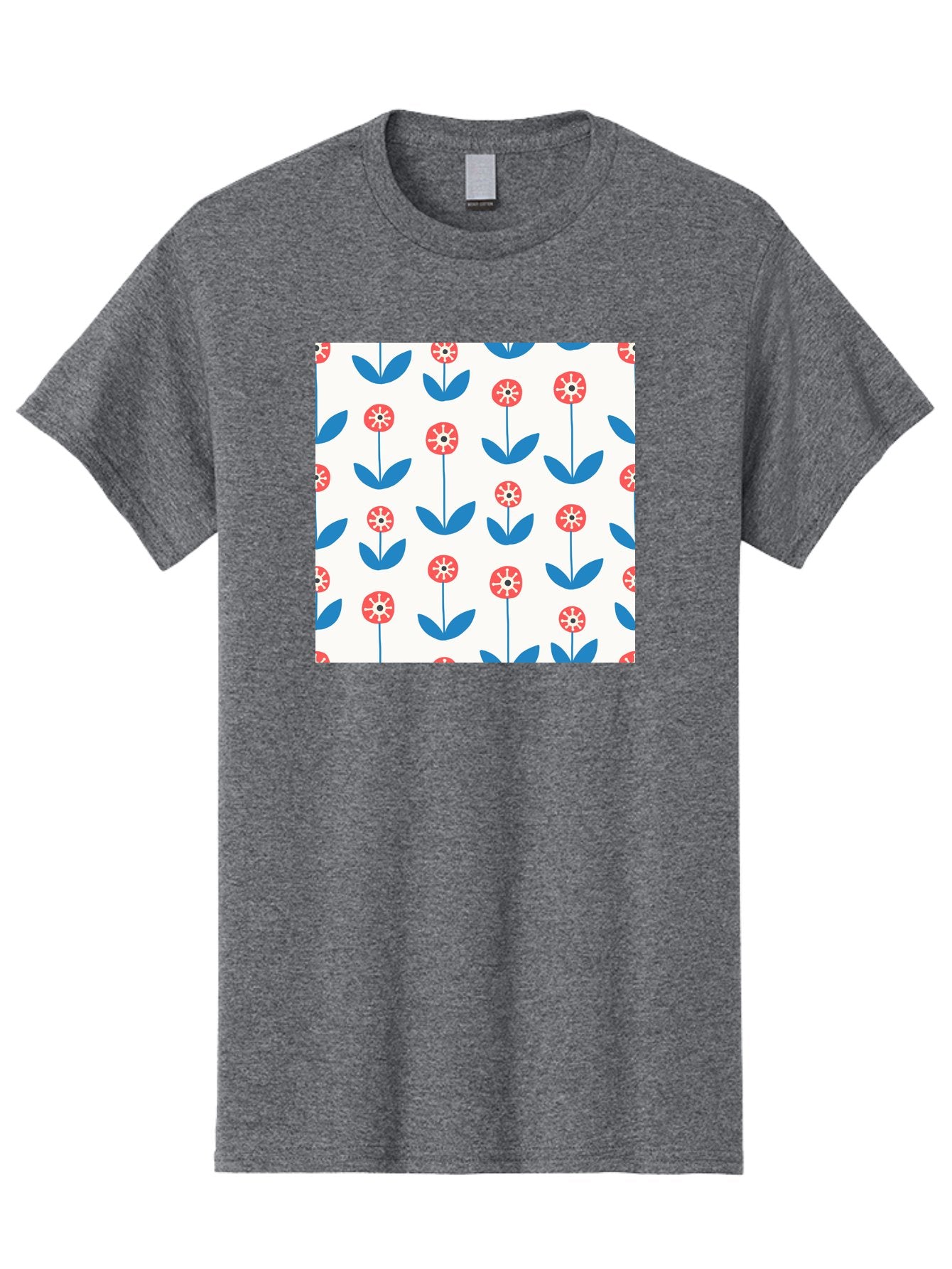 Floral-Pattern-15 Men'S Graphic Tee, 100% Cotton, Comfortable Casual Summer Wear, Machine Washable, Repeating Floral Pattern, Red Flowers With White Details, Blue Leaves And Stems, Simple Design, Minimalist Style, Seamless Repeat, Aab708 14