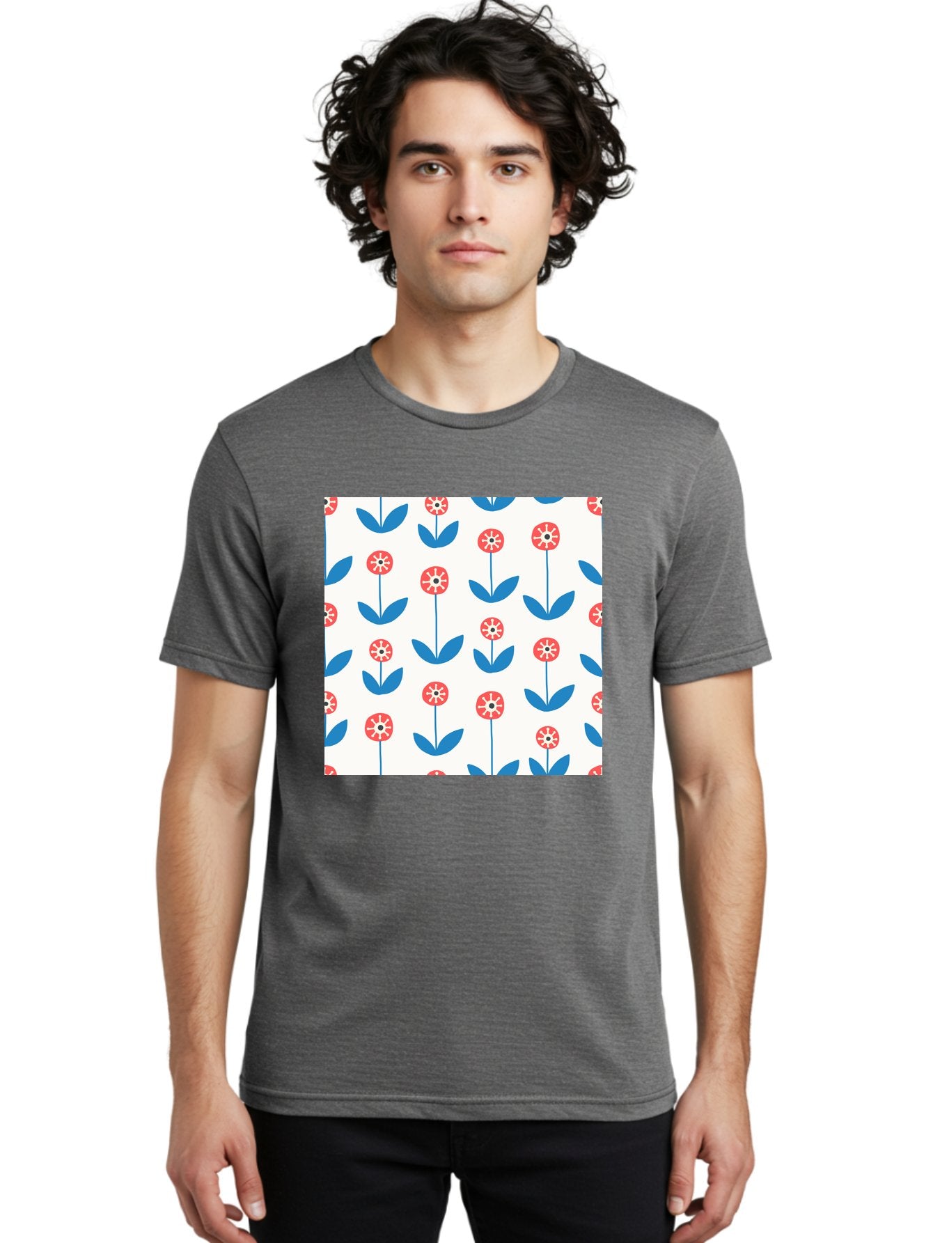 Floral-Pattern-15 Men'S Graphic Tee, 100% Cotton, Comfortable Casual Summer Wear, Machine Washable, Repeating Floral Pattern, Red Flowers With White Details, Blue Leaves And Stems, Simple Design, Minimalist Style, Seamless Repeat, Aab708 29