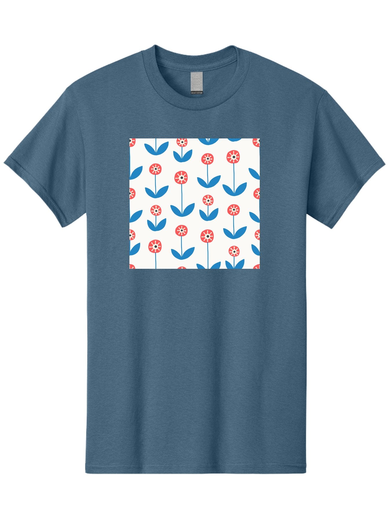 Floral-Pattern-15 Men'S Graphic Tee, 100% Cotton, Comfortable Casual Summer Wear, Machine Washable, Repeating Floral Pattern, Red Flowers With White Details, Blue Leaves And Stems, Simple Design, Minimalist Style, Seamless Repeat, Aab708 12