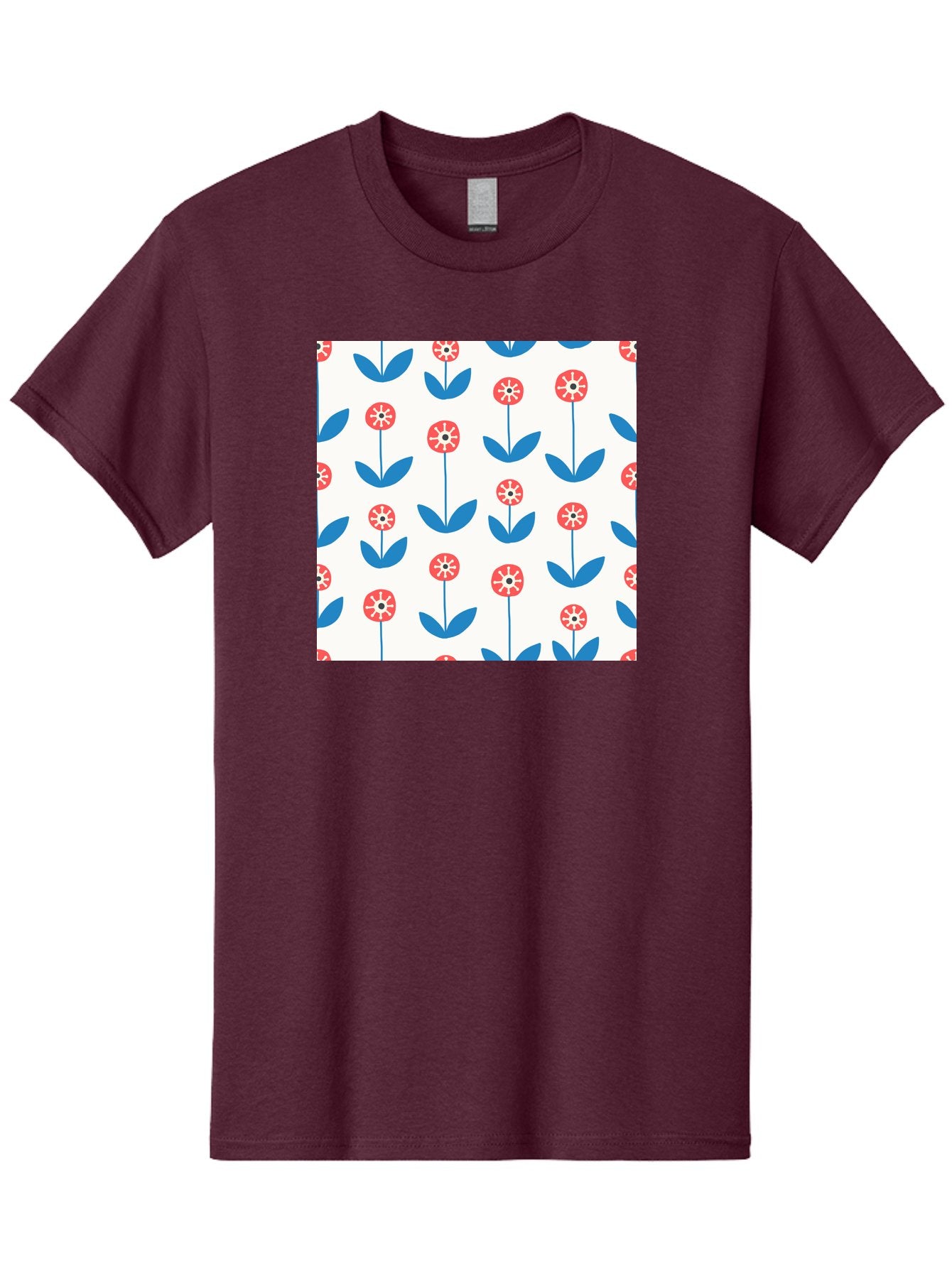 Floral-Pattern-15 Men'S Graphic Tee, 100% Cotton, Comfortable Casual Summer Wear, Machine Washable, Repeating Floral Pattern, Red Flowers With White Details, Blue Leaves And Stems, Simple Design, Minimalist Style, Seamless Repeat, Aab708 9