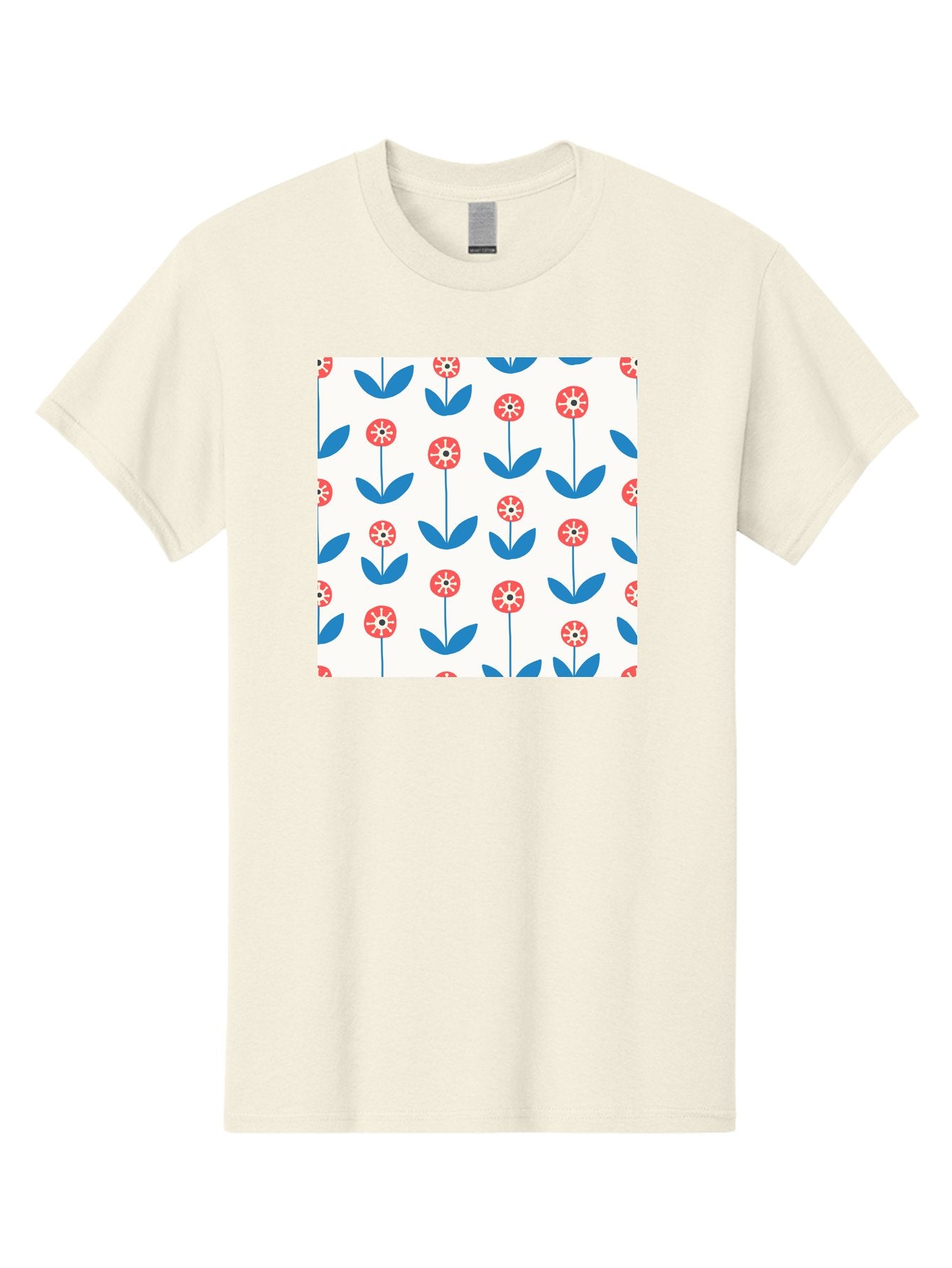 Floral-Pattern-15 Men'S Graphic Tee, 100% Cotton, Comfortable Casual Summer Wear, Machine Washable, Repeating Floral Pattern, Red Flowers With White Details, Blue Leaves And Stems, Simple Design, Minimalist Style, Seamless Repeat, Aab708 4